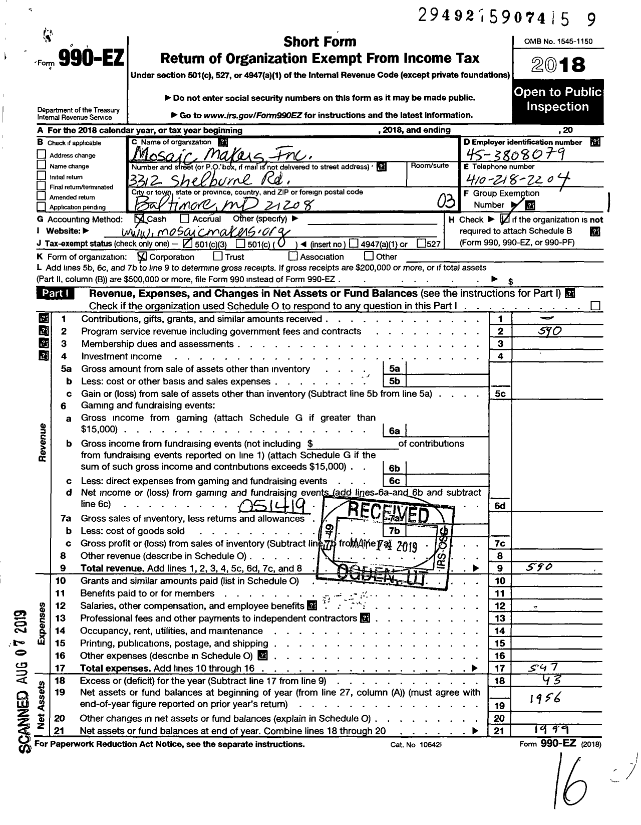 Image of first page of 2018 Form 990EZ for Mosiac Makers