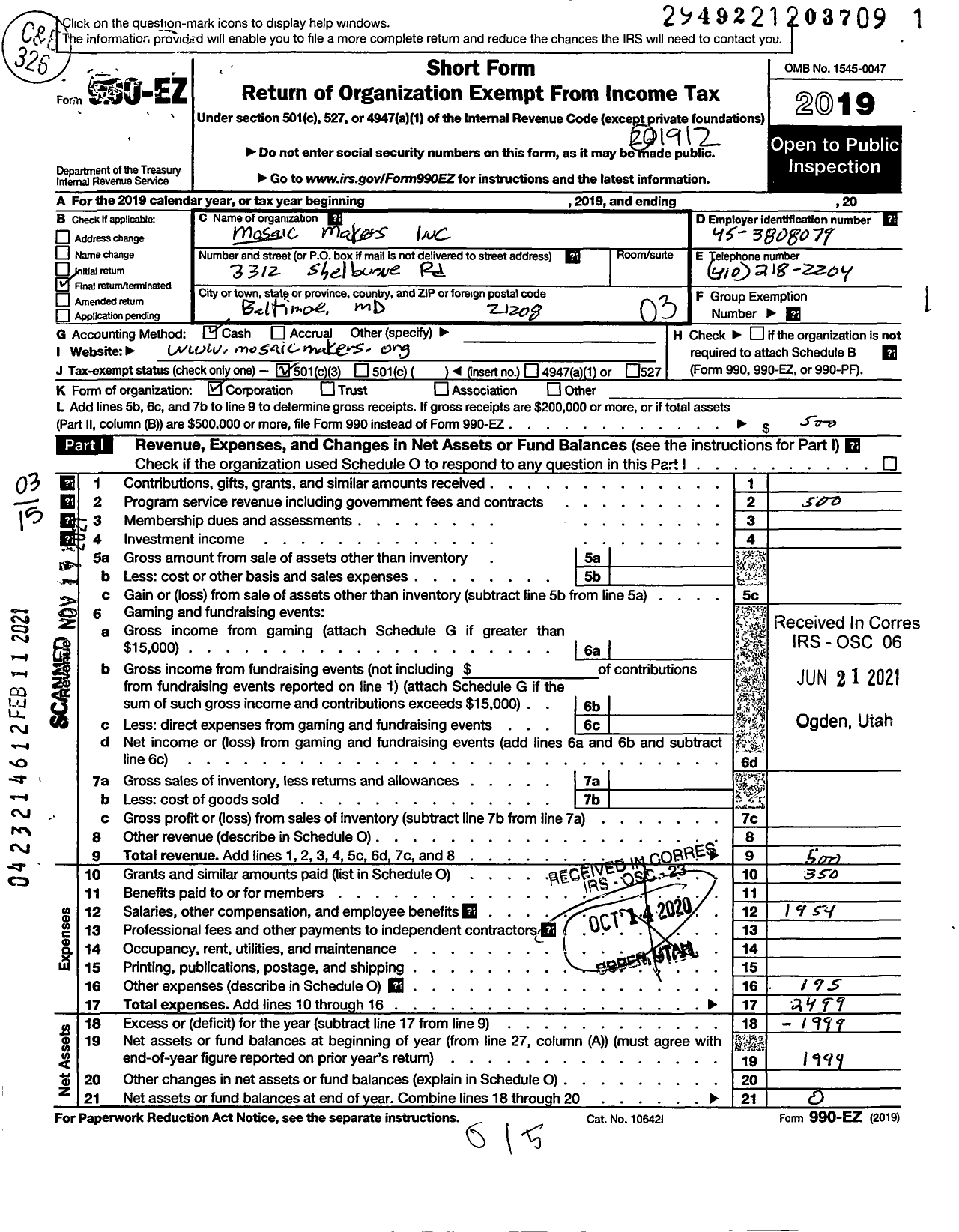 Image of first page of 2019 Form 990EZ for Mosiac Makers