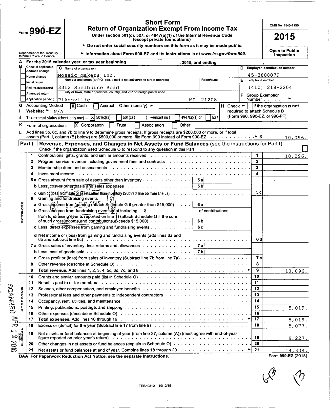 Image of first page of 2015 Form 990EZ for Mosiac Makers