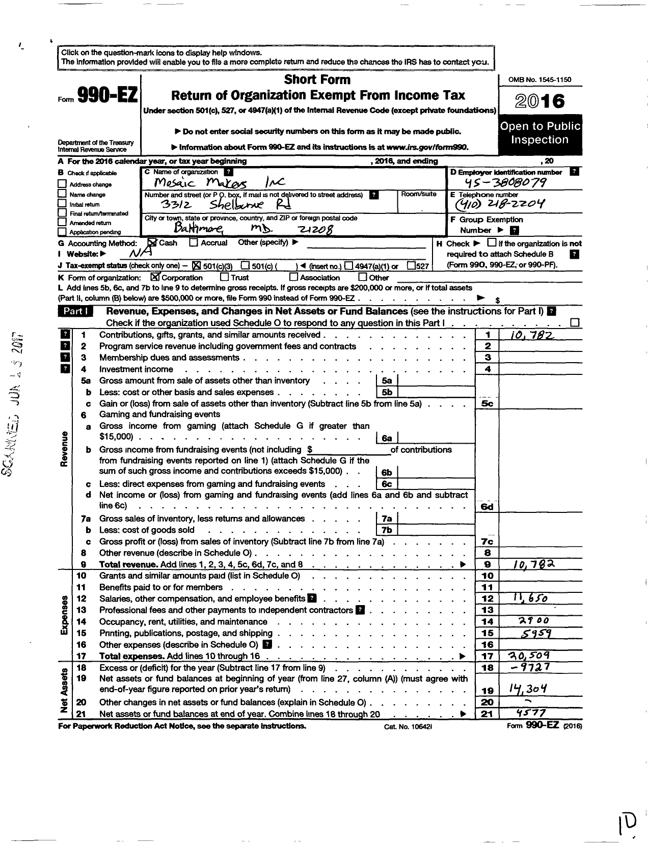 Image of first page of 2016 Form 990EZ for Mosiac Makers