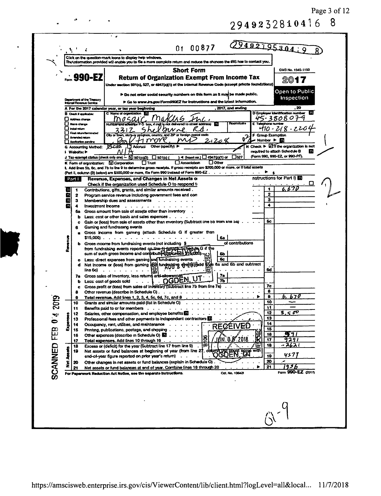 Image of first page of 2017 Form 990EZ for Mosiac Makers