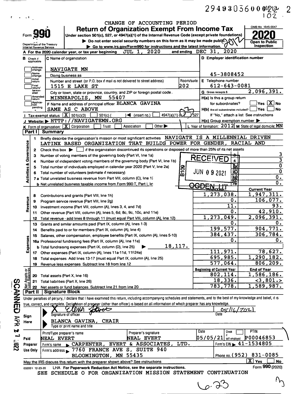 Image of first page of 2020 Form 990 for Navigate MN