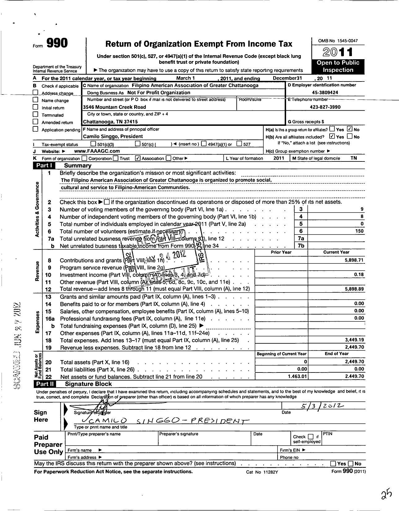 Image of first page of 2011 Form 990O for Filipino-Association of Greater Chattanooga