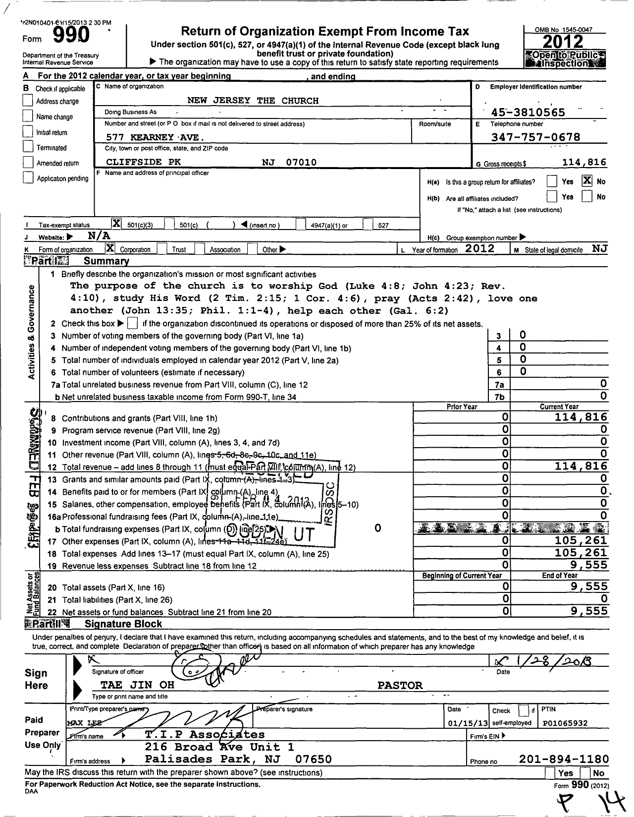 Image of first page of 2012 Form 990 for New Jersey the Church