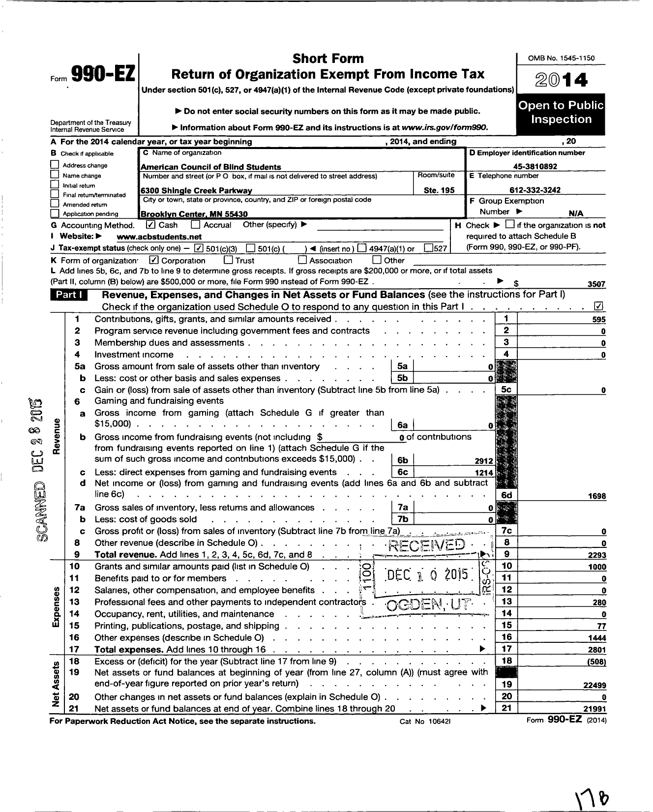 Image of first page of 2014 Form 990EZ for American Council of the Blind Students