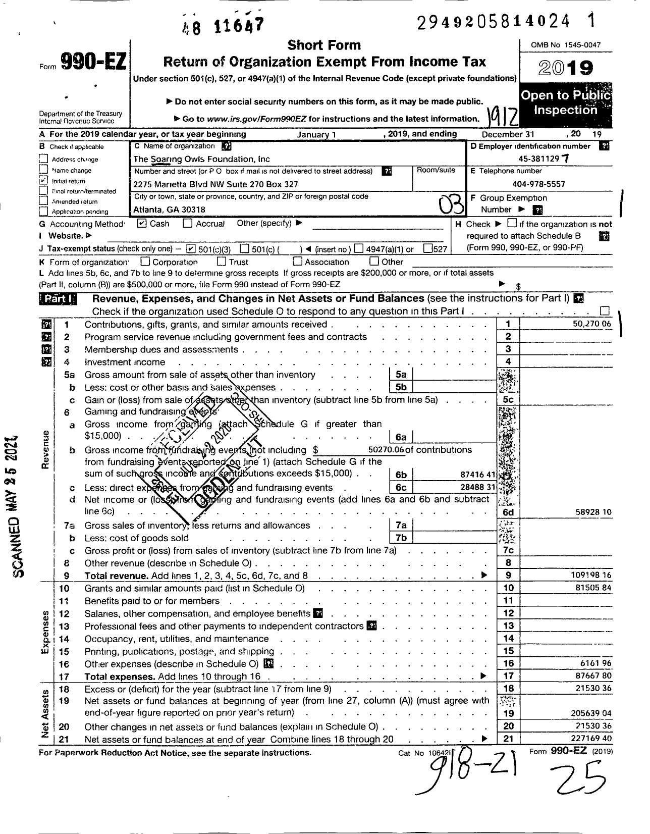 Image of first page of 2019 Form 990EZ for Soaring Owls Foundation