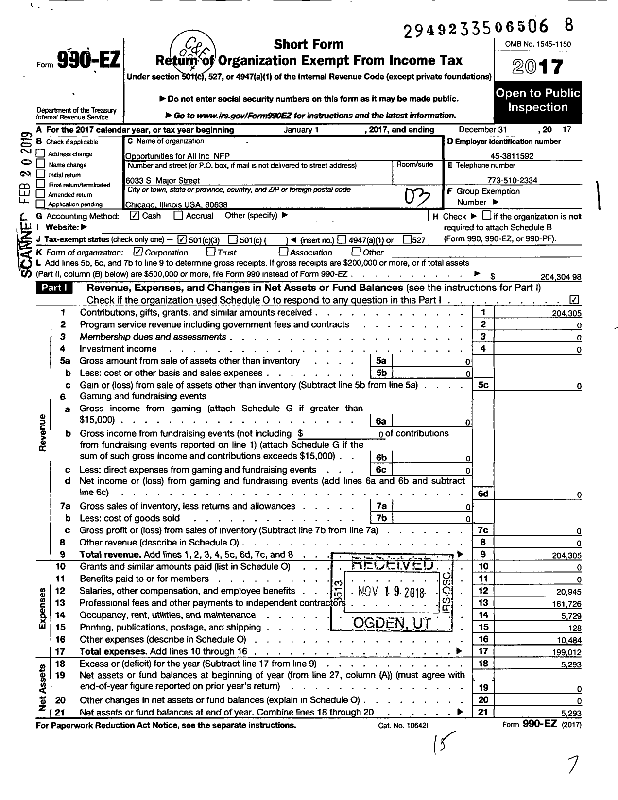 Image of first page of 2017 Form 990EZ for Opportunities for All NFP