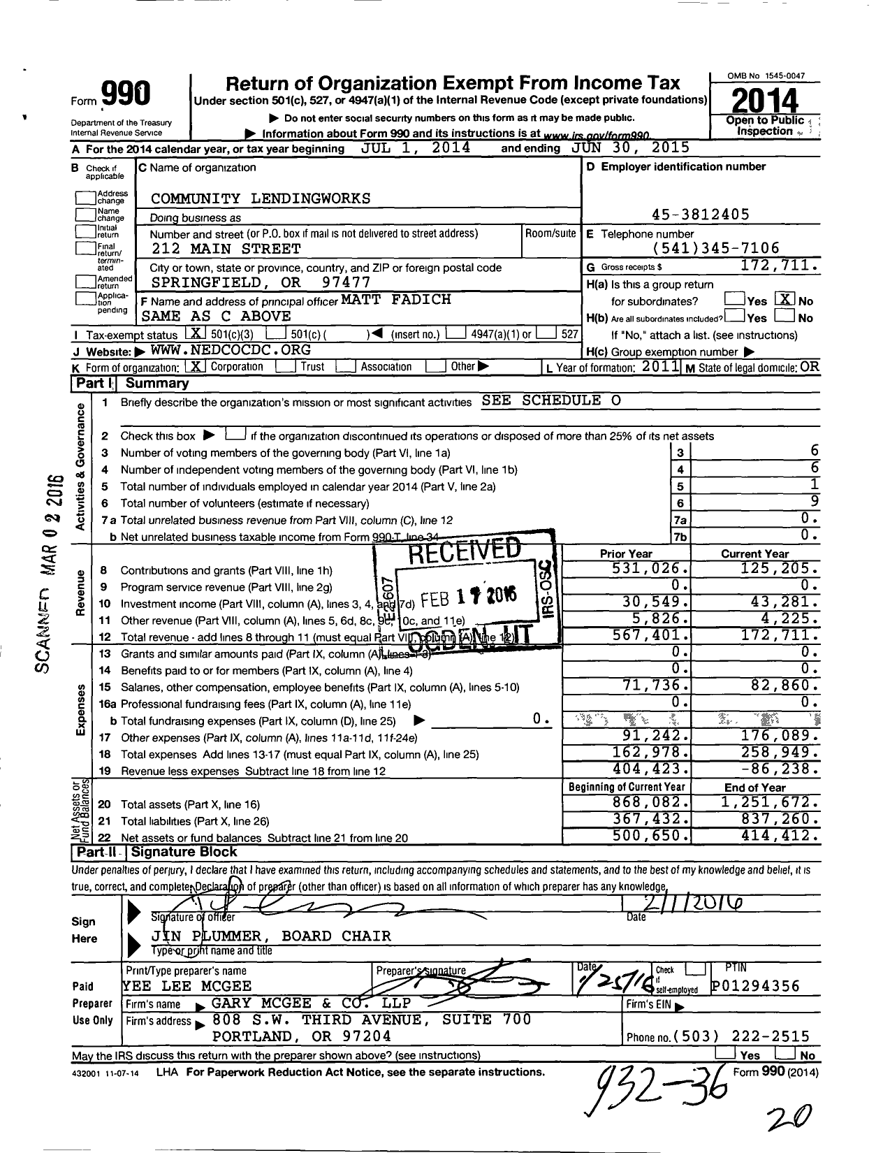 Image of first page of 2014 Form 990 for Community Lendingworks