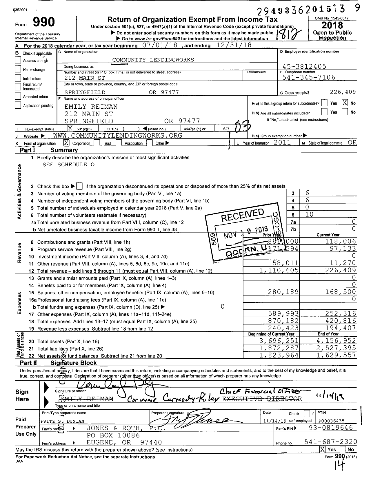 Image of first page of 2018 Form 990 for Community Lendingworks