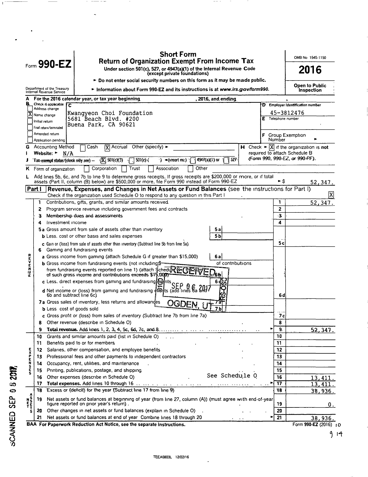 Image of first page of 2016 Form 990EZ for Kwangyeon Choi Foundation