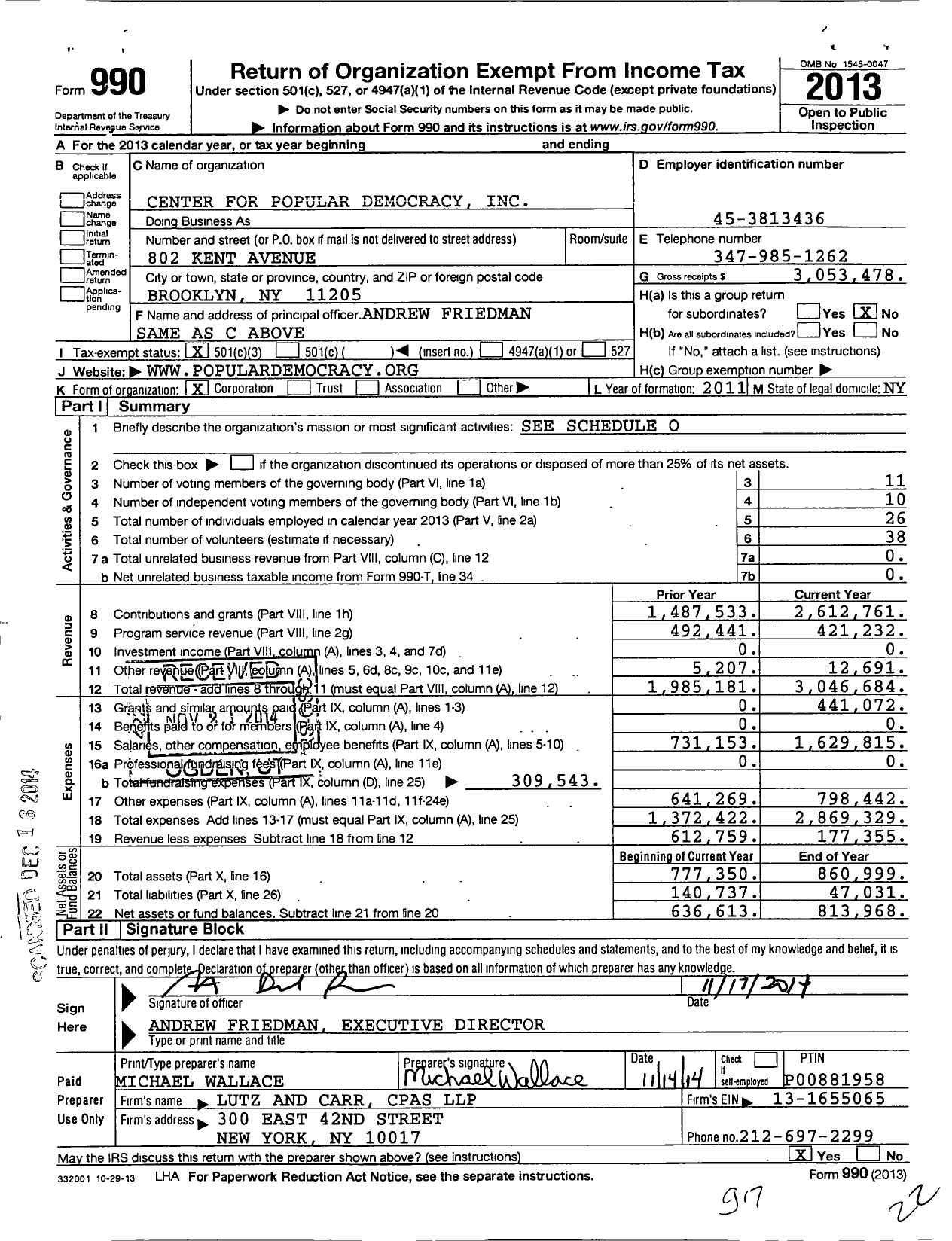 Image of first page of 2013 Form 990 for Center for Popular Democracy (CPD)