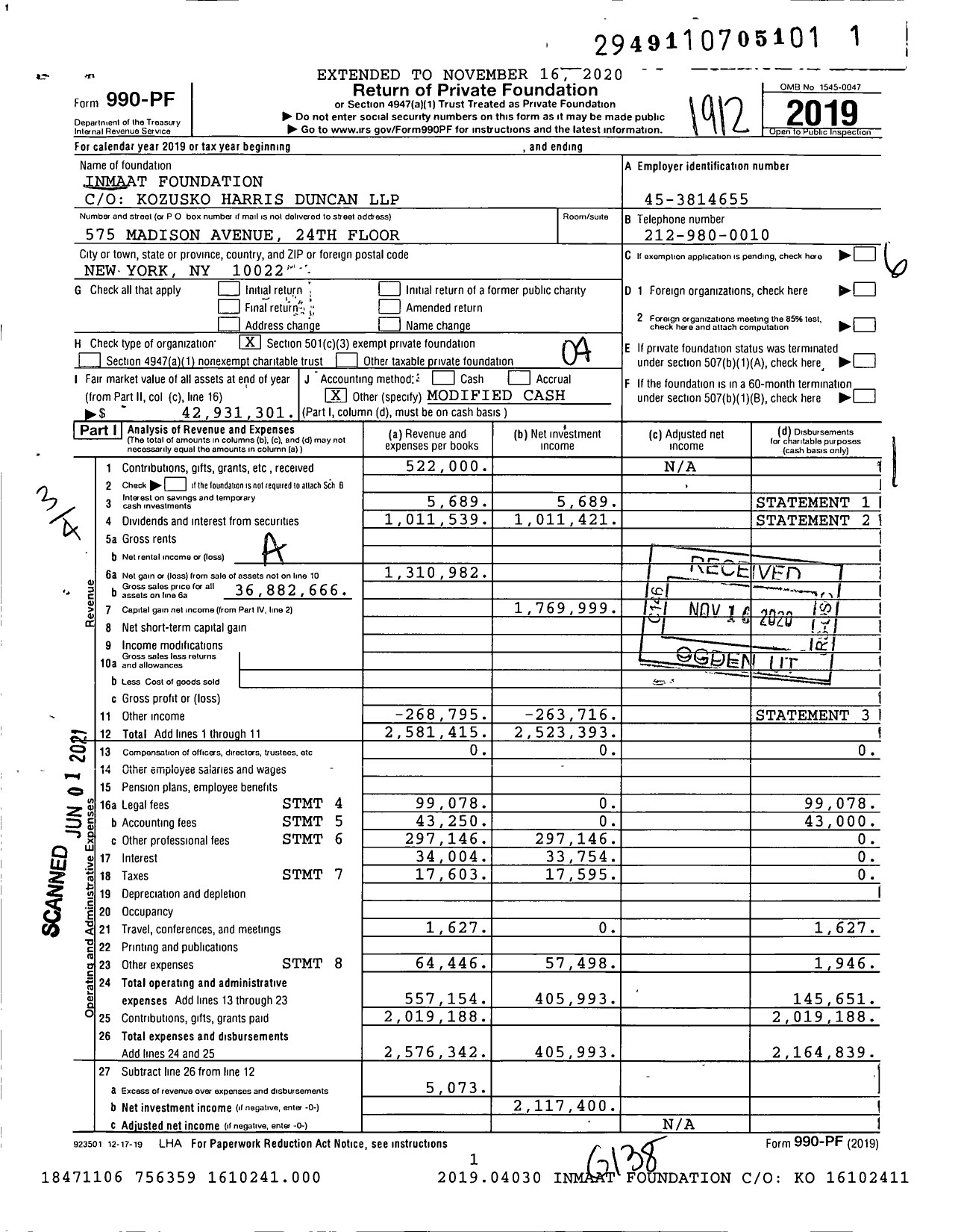 Image of first page of 2019 Form 990PF for Inmaat Foundation