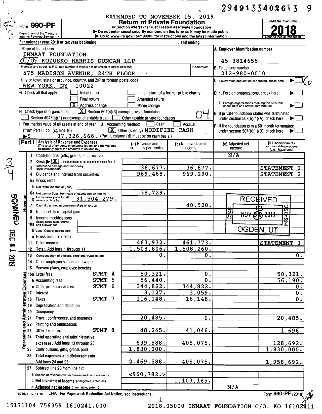 Image of first page of 2018 Form 990PF for Inmaat Foundation