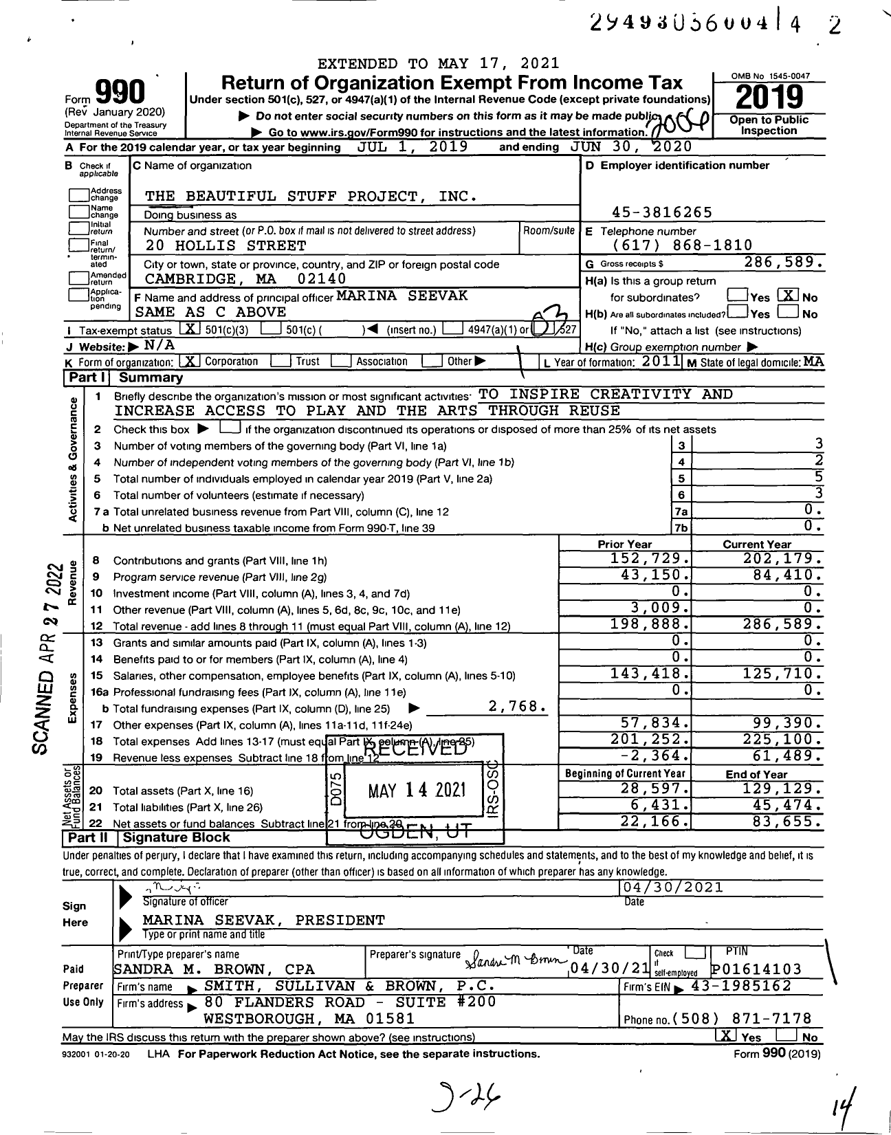 Image of first page of 2019 Form 990 for The Beautiful Stuff Project