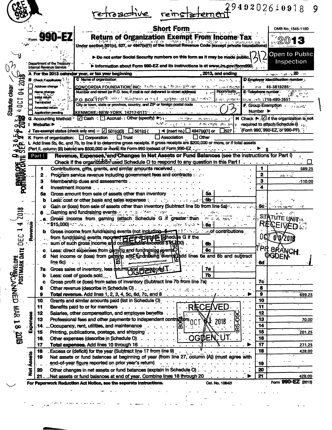 Image of first page of 2013 Form 990EZ for Concordia Foundation