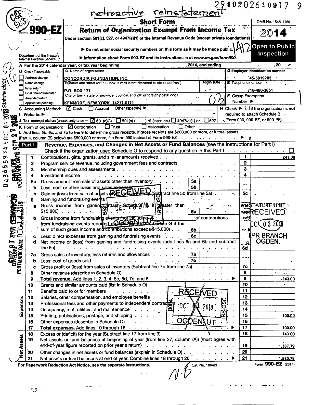 Image of first page of 2014 Form 990EZ for Concordia Foundation