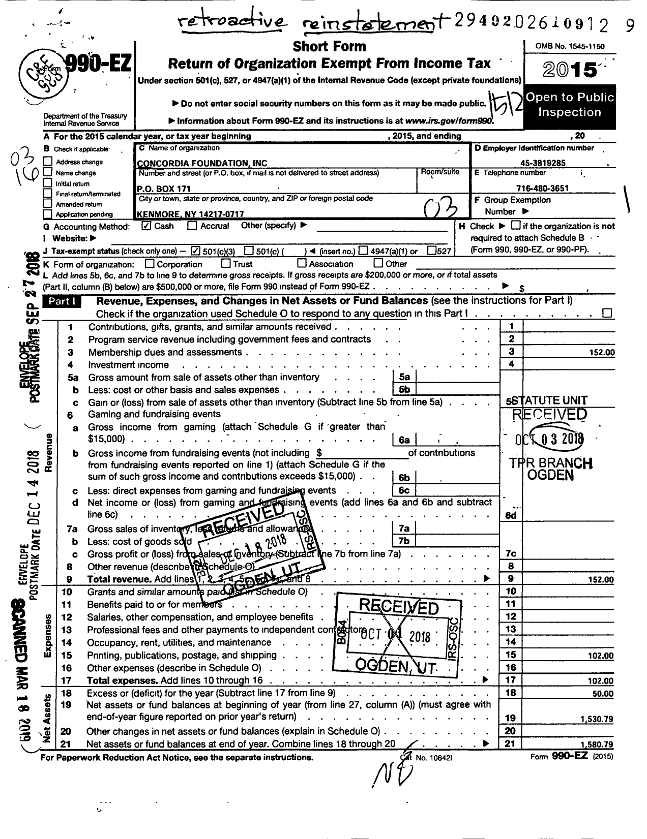 Image of first page of 2015 Form 990EZ for Concordia Foundation