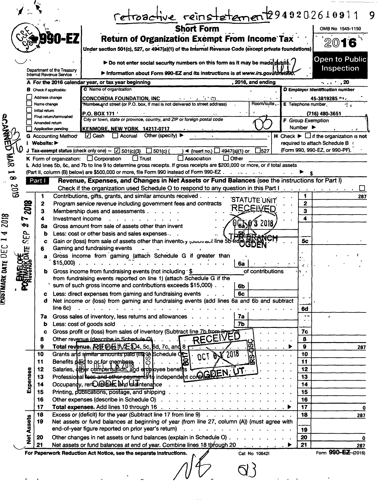 Image of first page of 2016 Form 990EZ for Concordia Foundation