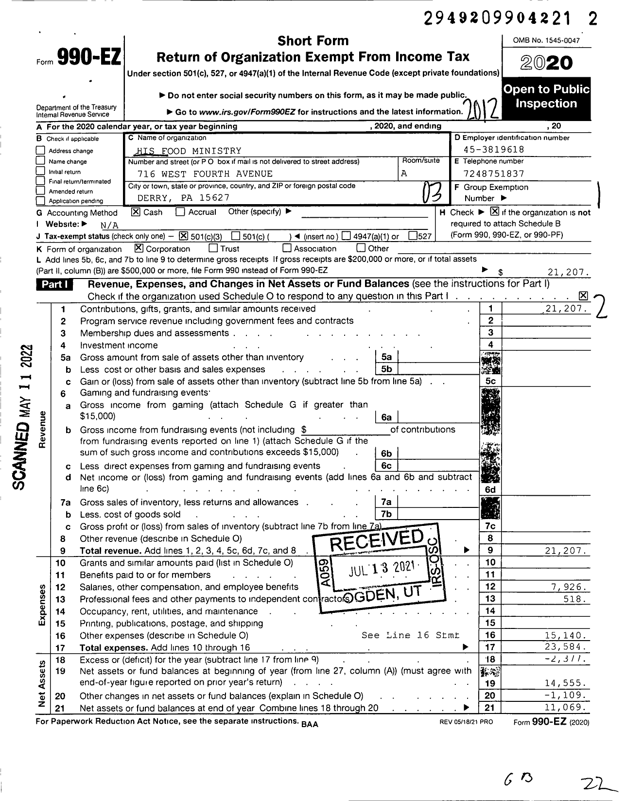 Image of first page of 2020 Form 990EZ for His Food Ministry