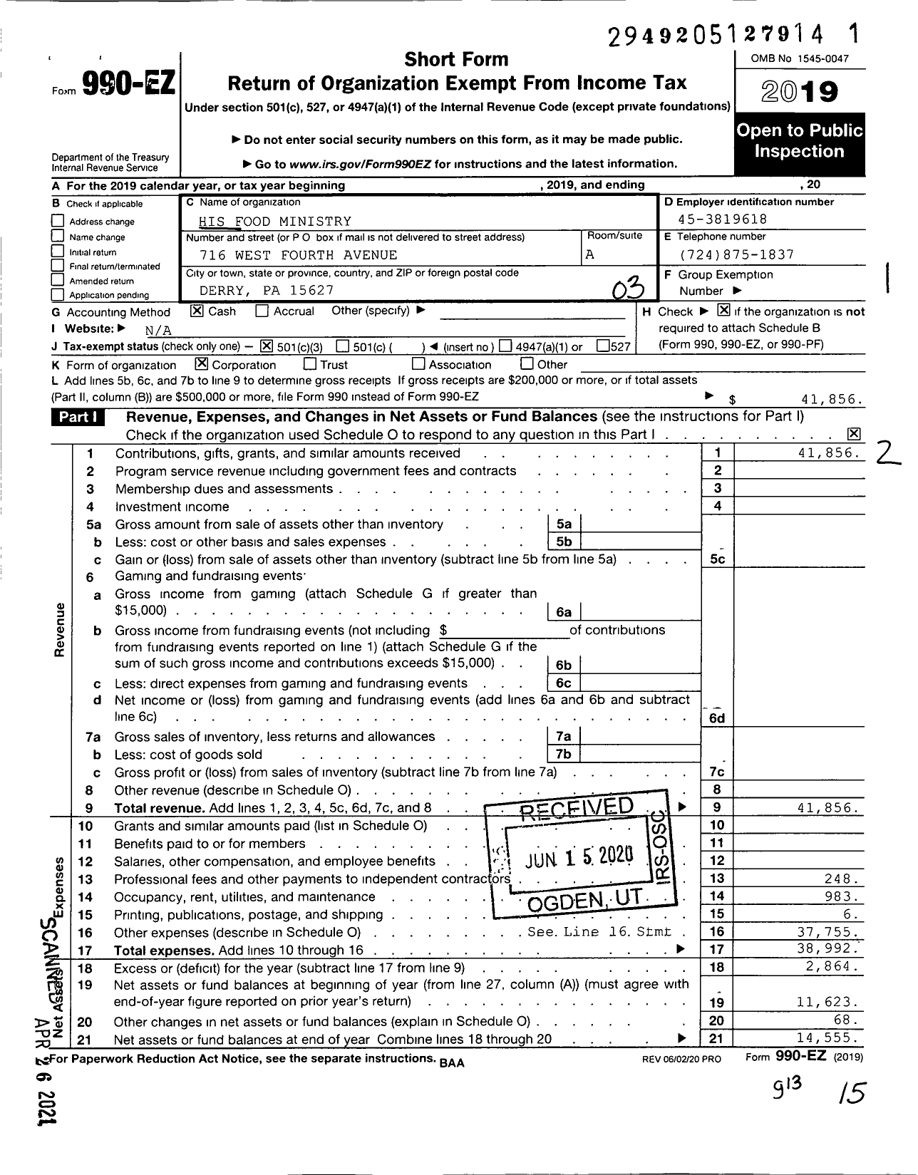 Image of first page of 2019 Form 990EZ for His Food Ministry