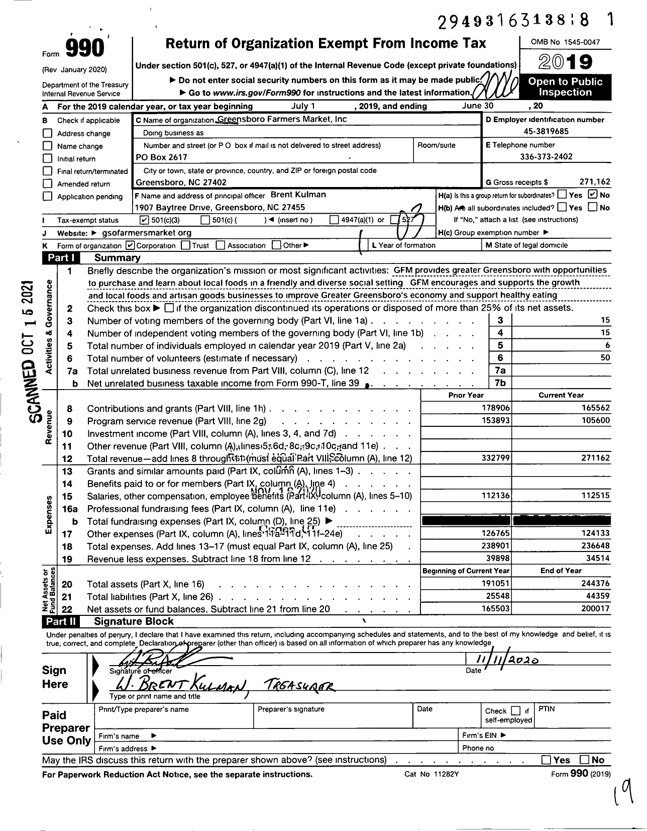 Image of first page of 2019 Form 990 for Greensboro Farmers Market