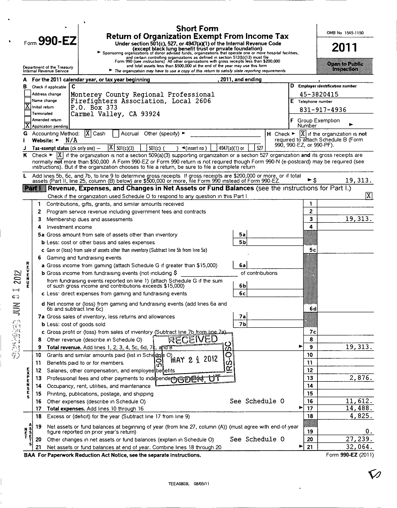 Image of first page of 2011 Form 990EZ for Monterey County Regional Professional Firefighters Association
