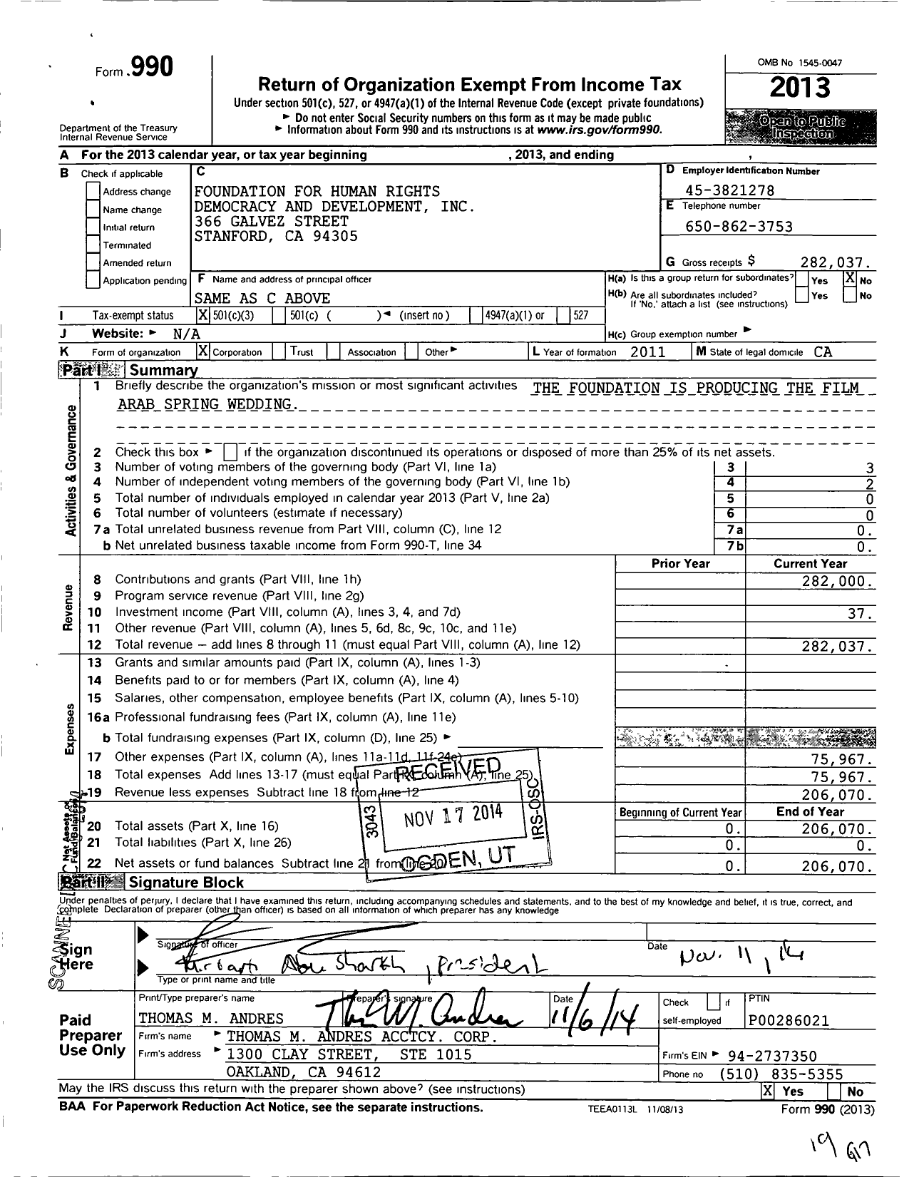 Image of first page of 2013 Form 990 for Foundation for Human Rights Democracy and Development