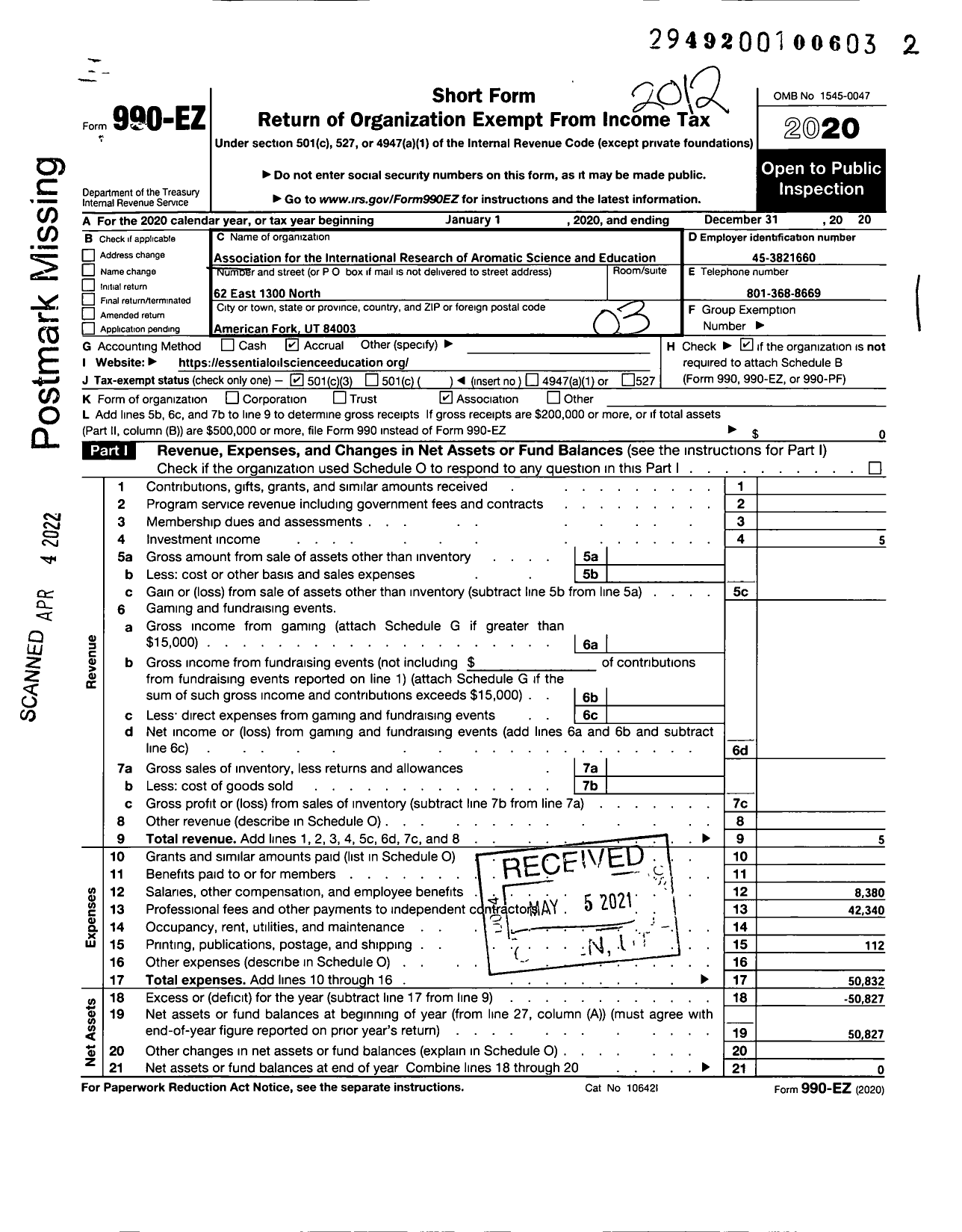 Image of first page of 2020 Form 990EZ for Association for the International Research of Aromatic Science and Education