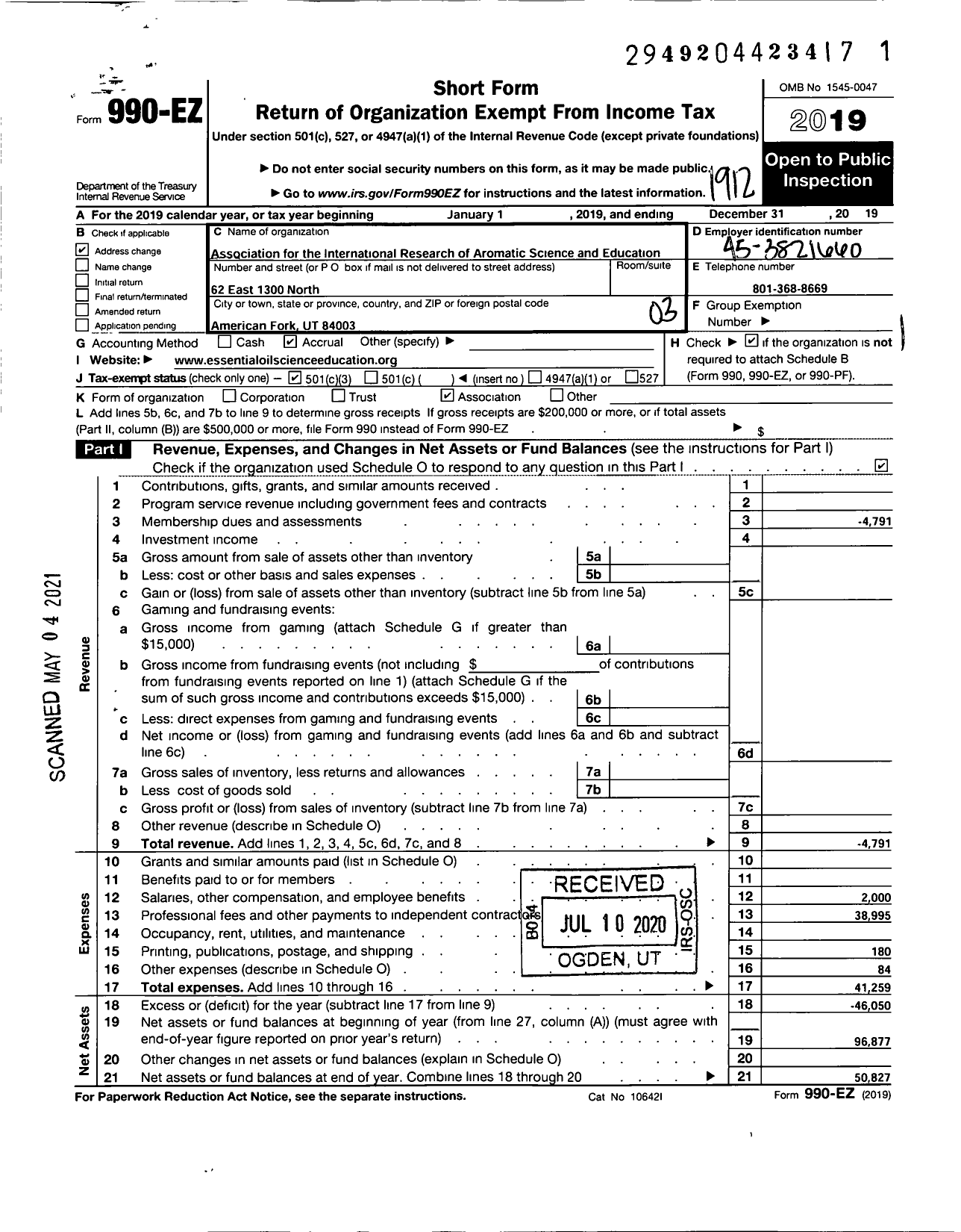 Image of first page of 2019 Form 990EZ for Association for the International Research of Aromatic Science and Education