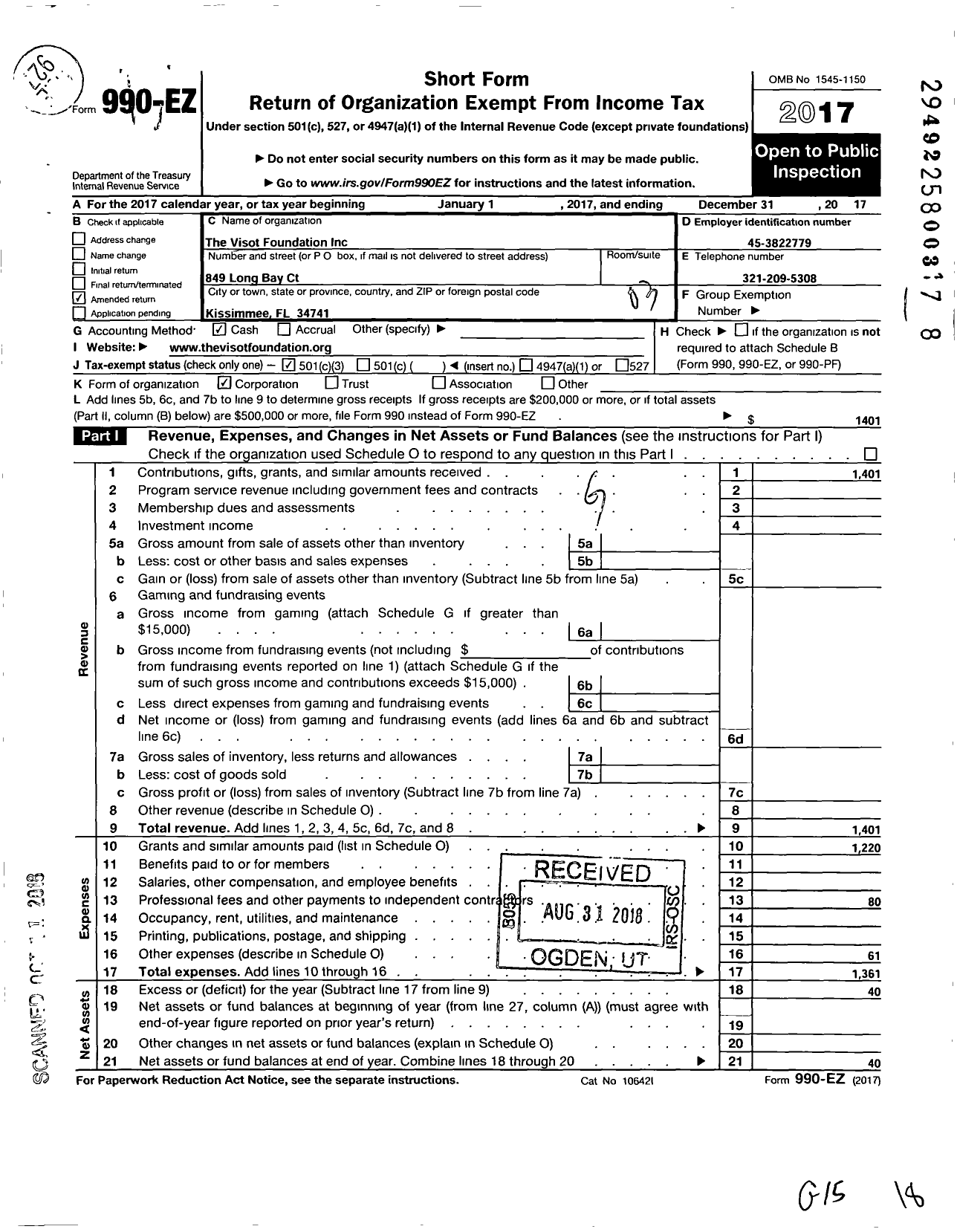 Image of first page of 2017 Form 990EZ for Visot Foundation