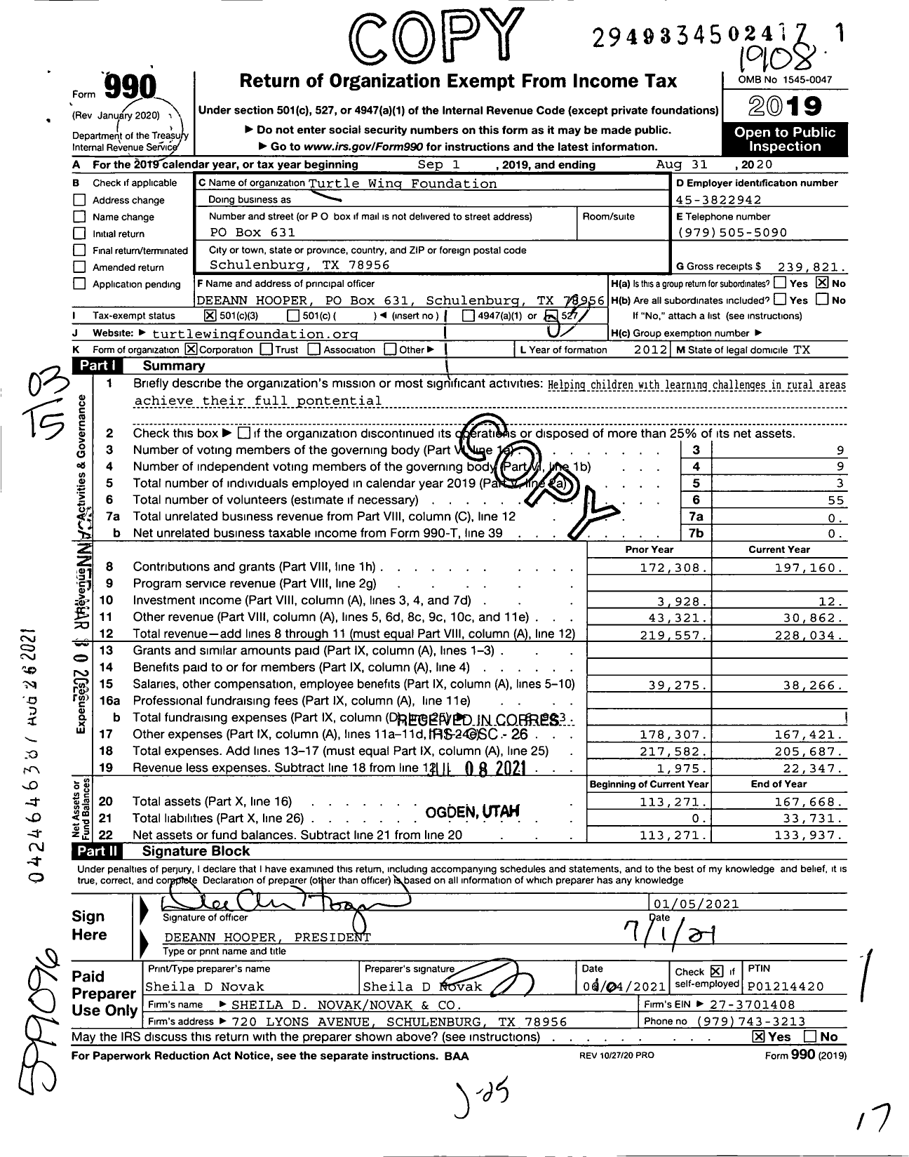 Image of first page of 2018 Form 990 for Turtle Wing Foundation