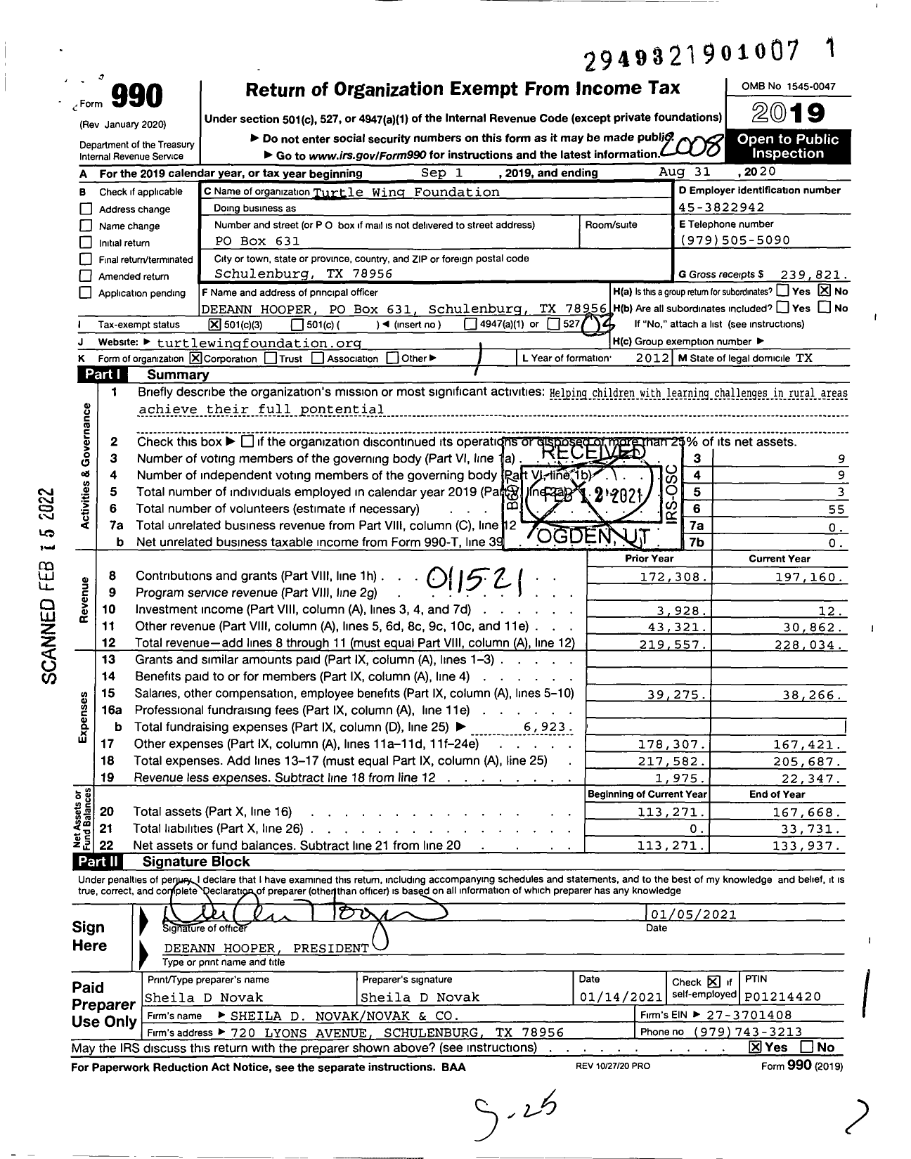 Image of first page of 2019 Form 990 for Turtle Wing Foundation