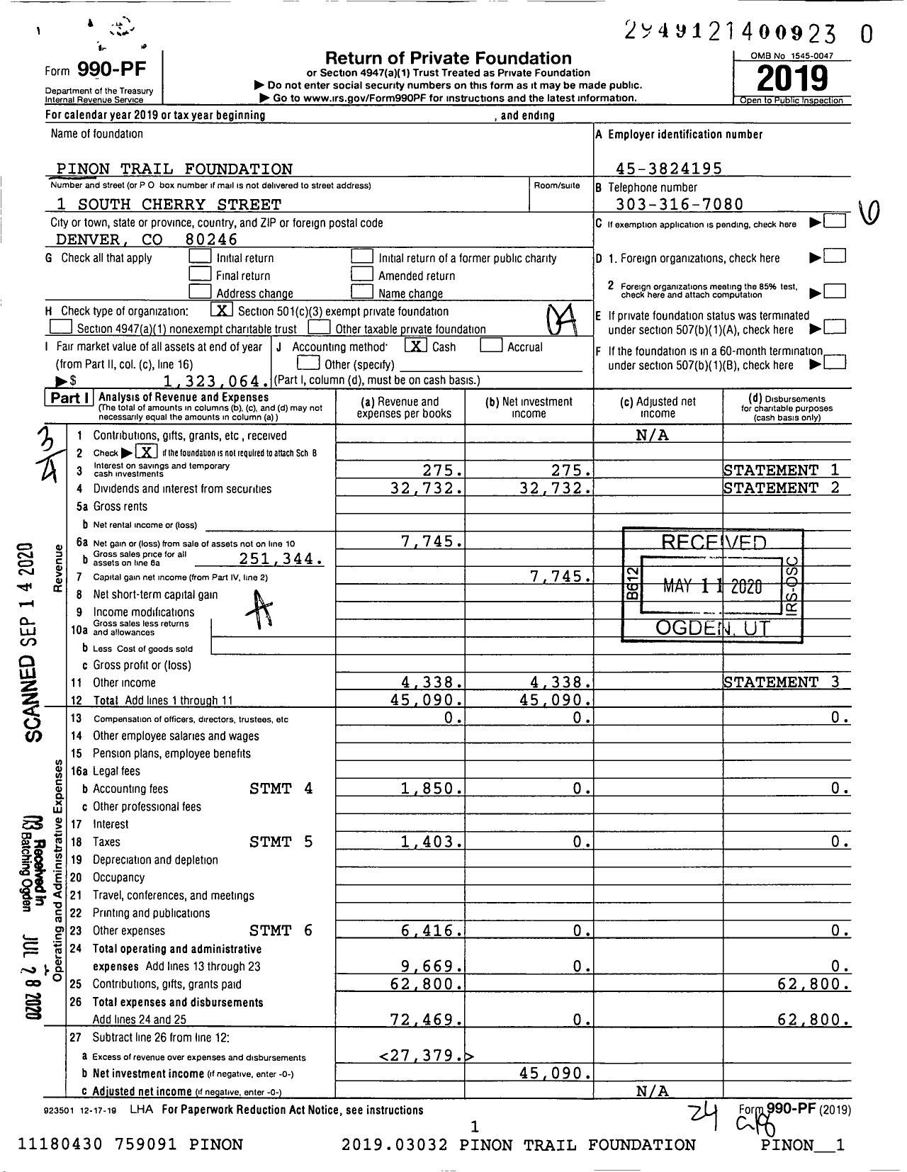 Image of first page of 2019 Form 990PR for Pinon Trail Foundation