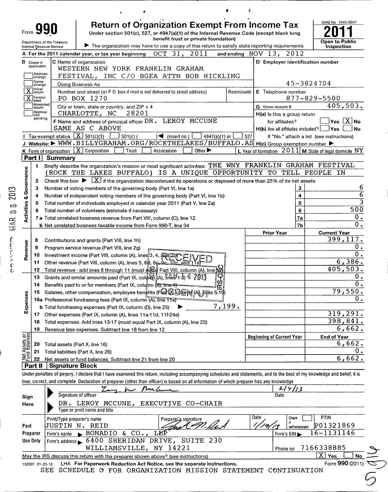 Image of first page of 2011 Form 990 for Western New York Franklin Graham Festival