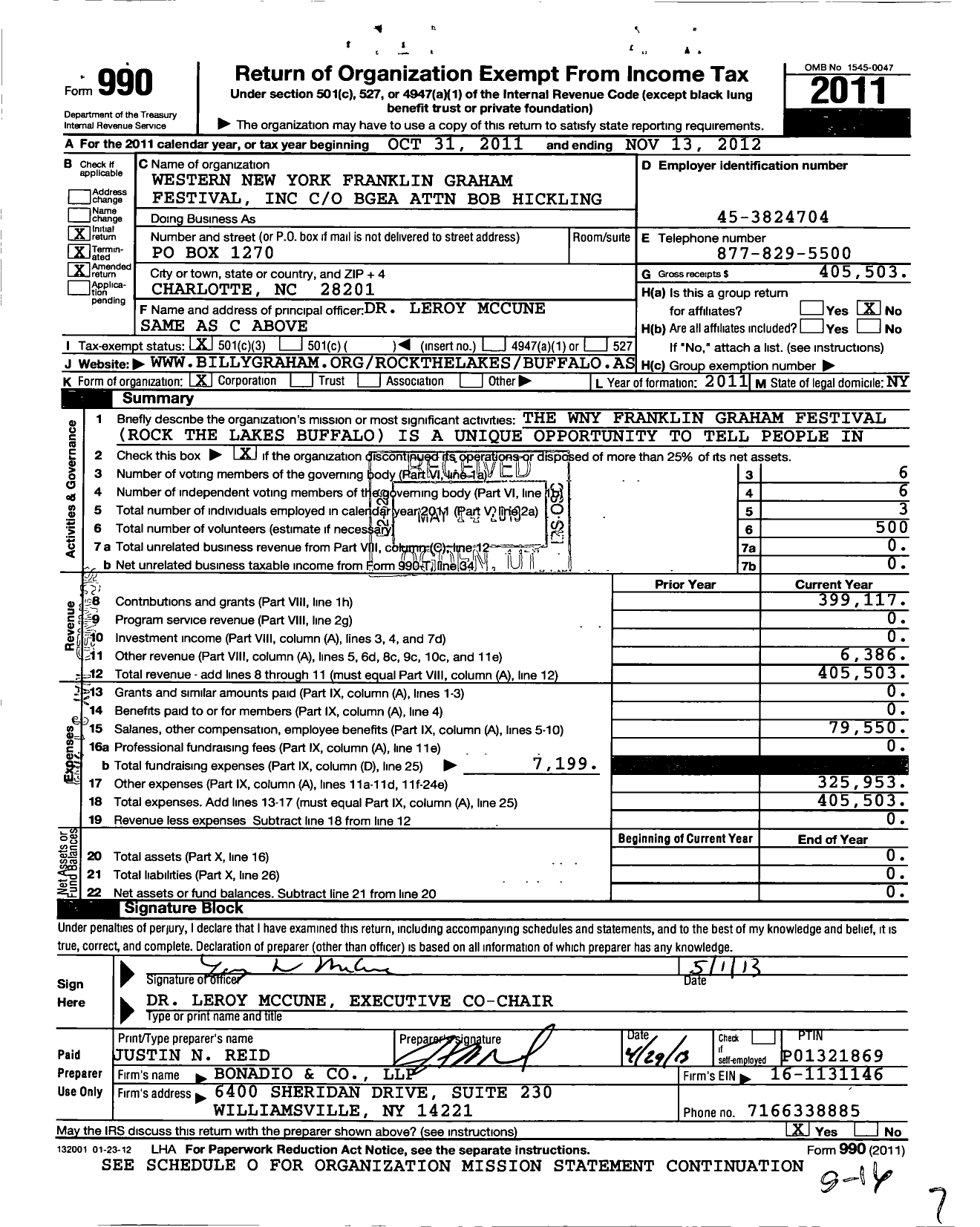 Image of first page of 2011 Form 990 for Western New York Franklin Graham Festival