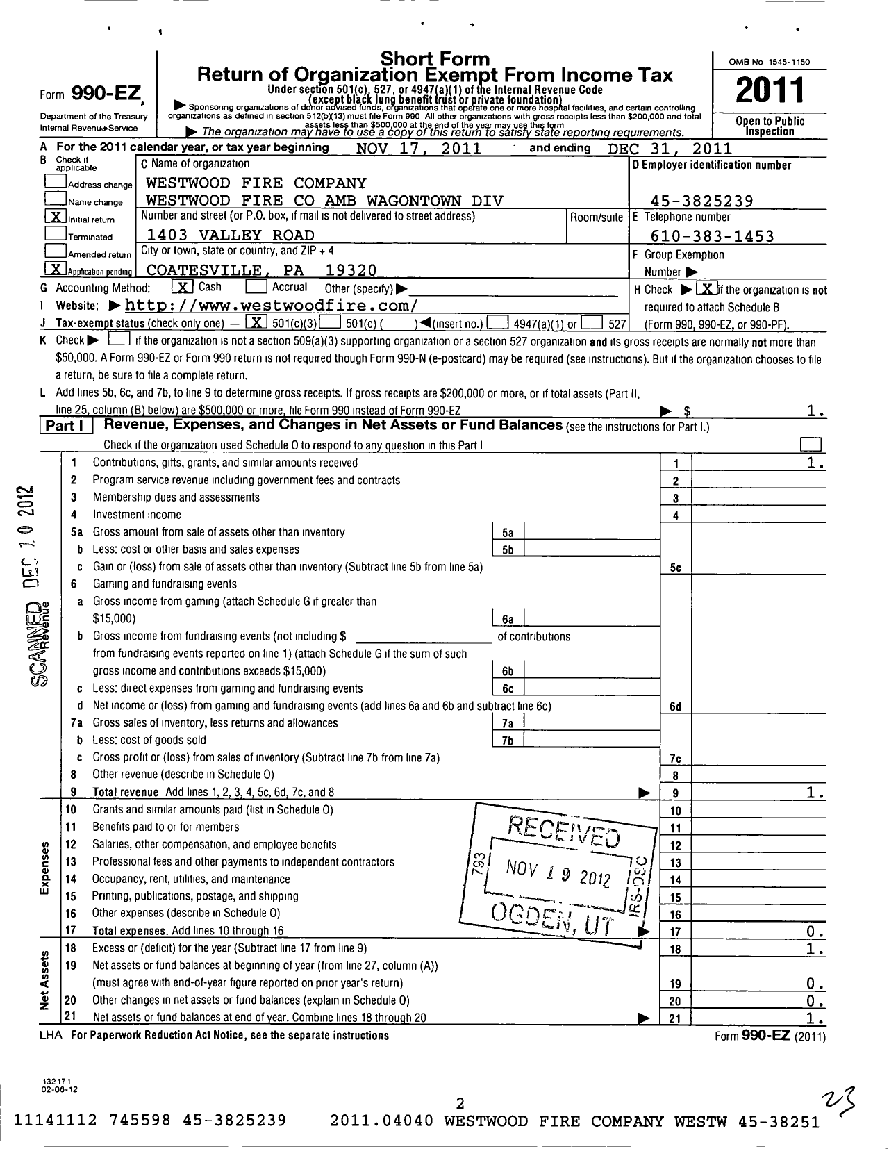 Image of first page of 2011 Form 990EZ for Westwood Fire Company Ambulance Wagontown Division