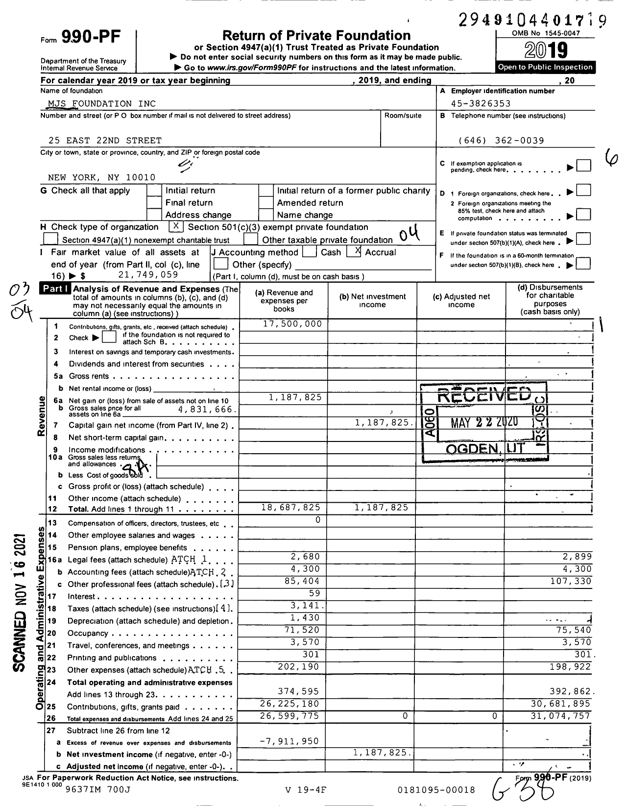 Image of first page of 2019 Form 990PF for MJS Foundation