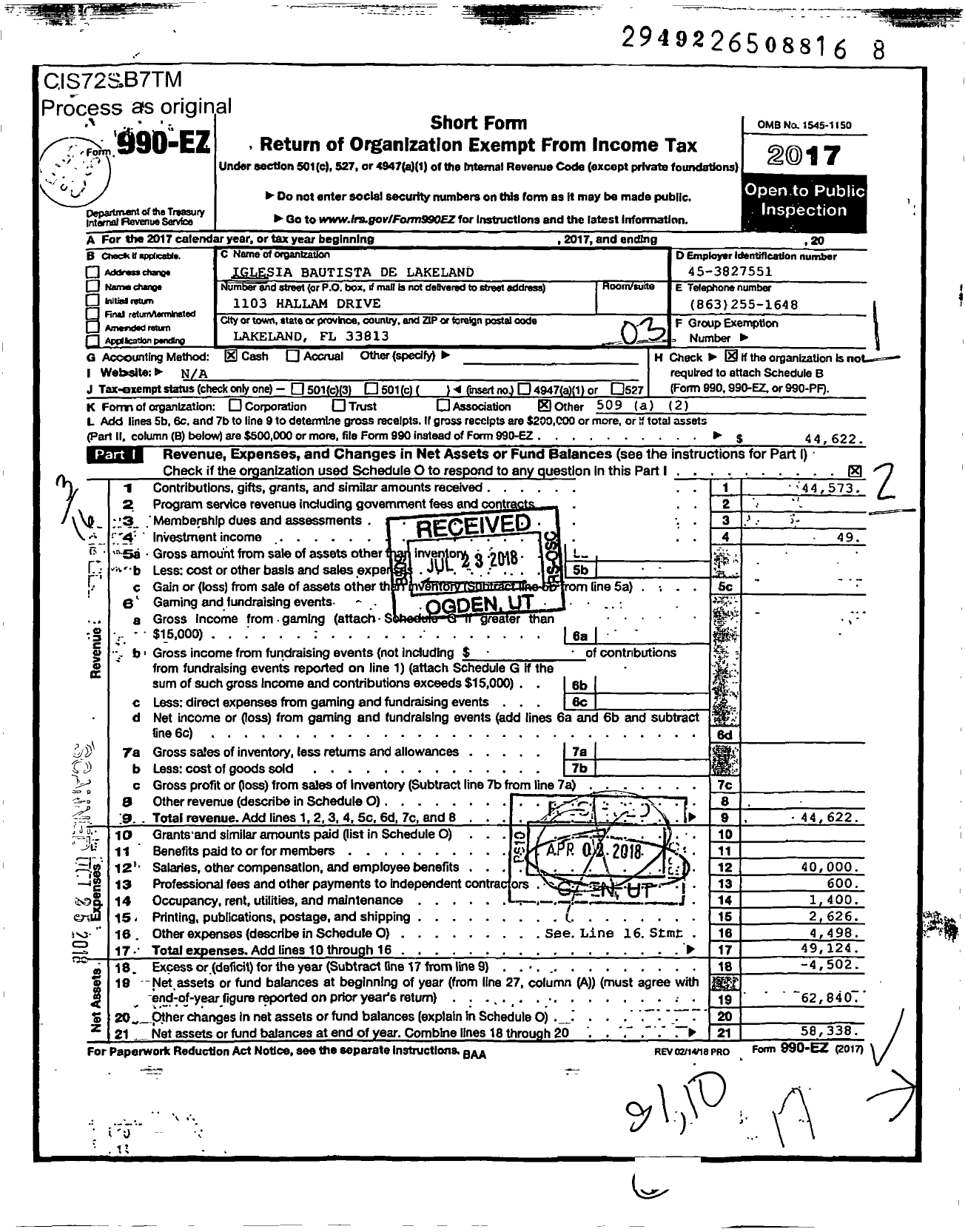 Image of first page of 2017 Form 990EZ for Iglesia Bautista de Lakeland