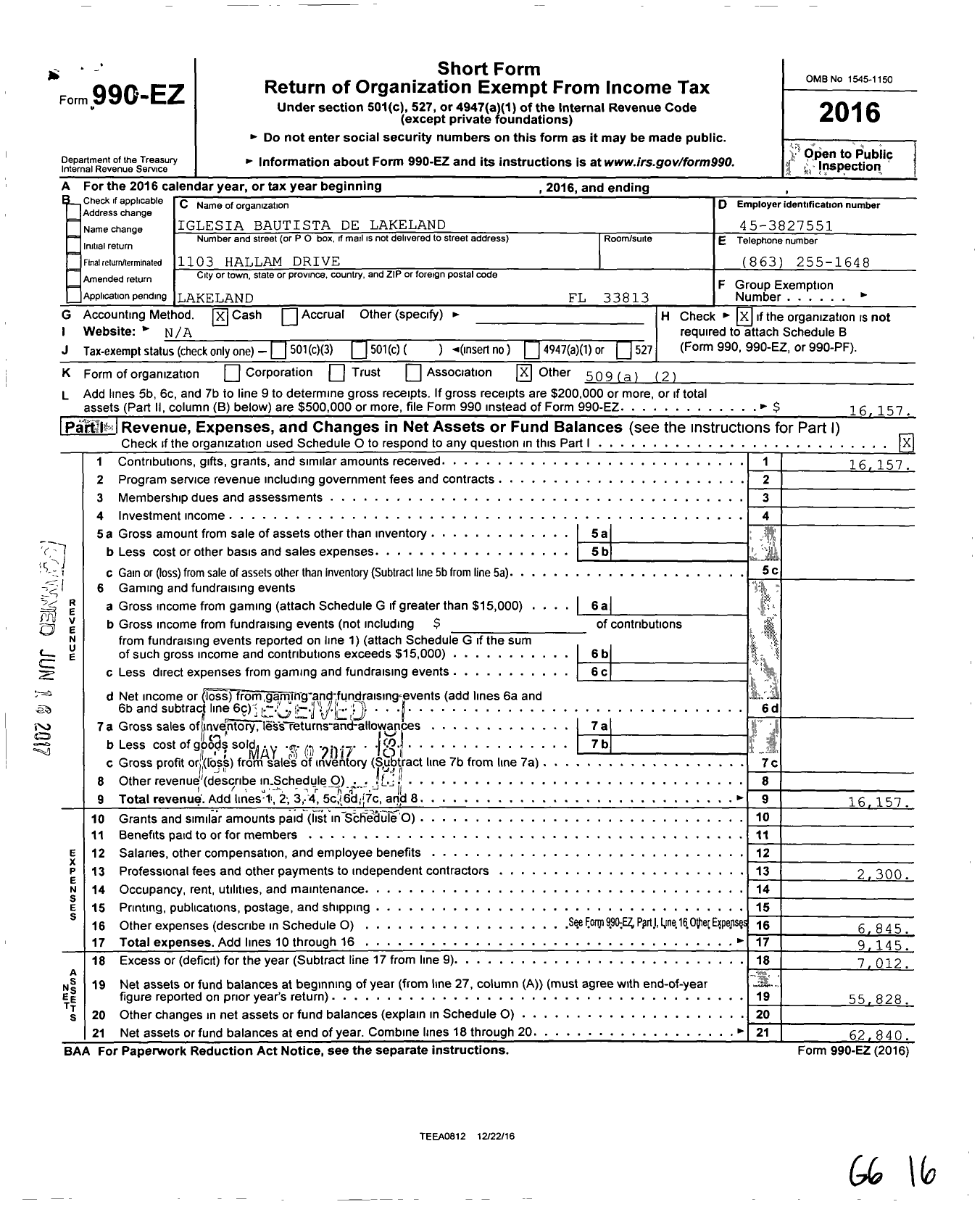 Image of first page of 2016 Form 990EO for Iglesia Bautista de Lakeland