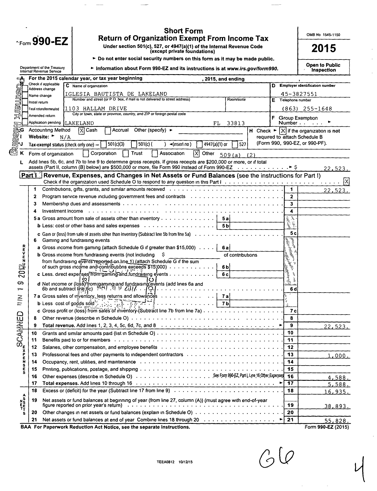 Image of first page of 2015 Form 990EO for Iglesia Bautista de Lakeland