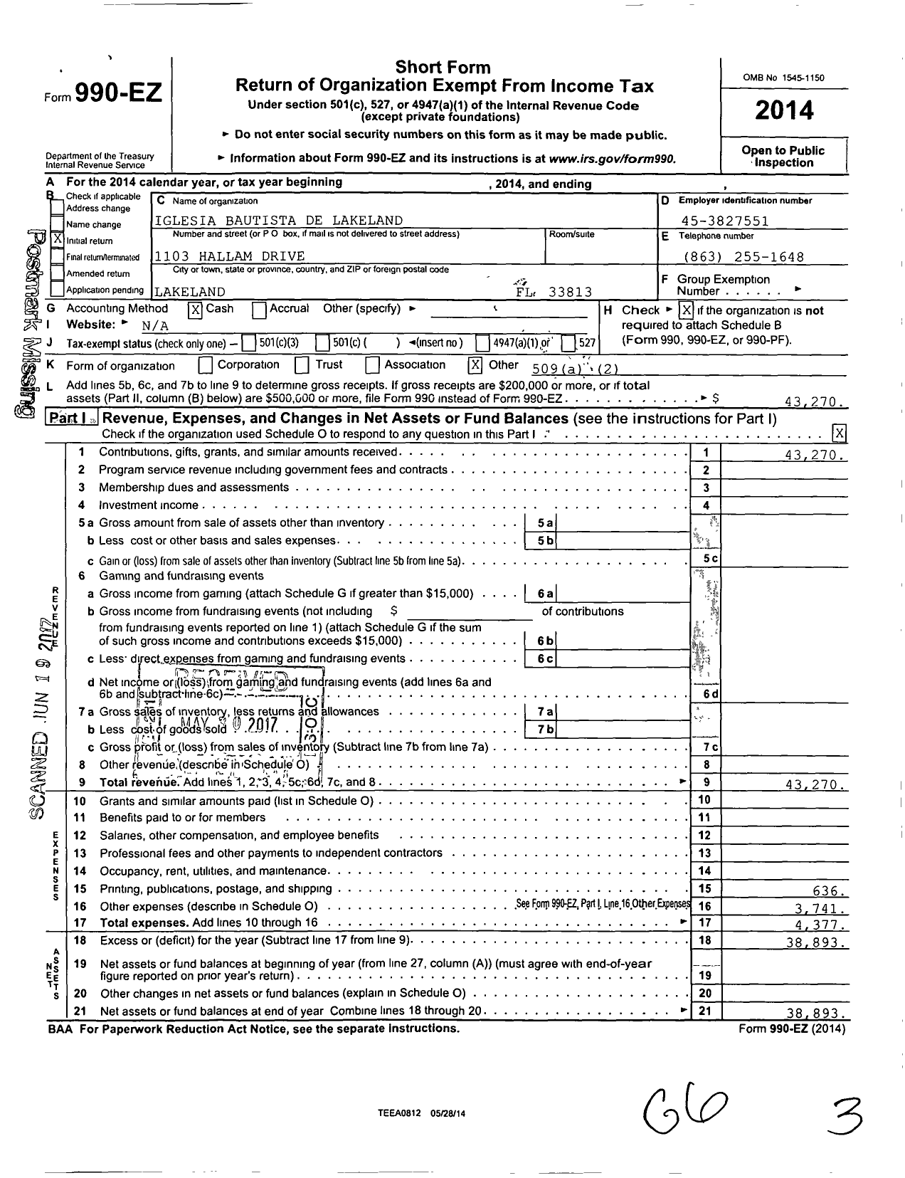 Image of first page of 2014 Form 990EO for Iglesia Bautista de Lakeland