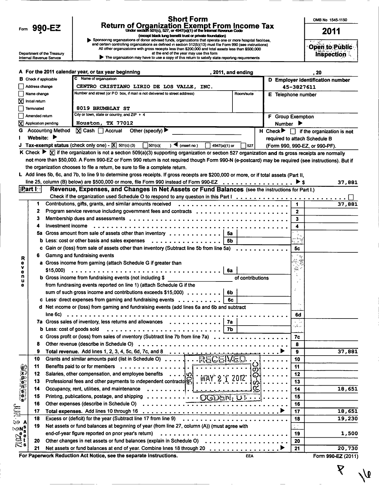 Image of first page of 2011 Form 990EZ for Centro Cristiano Lirio de Los Valles