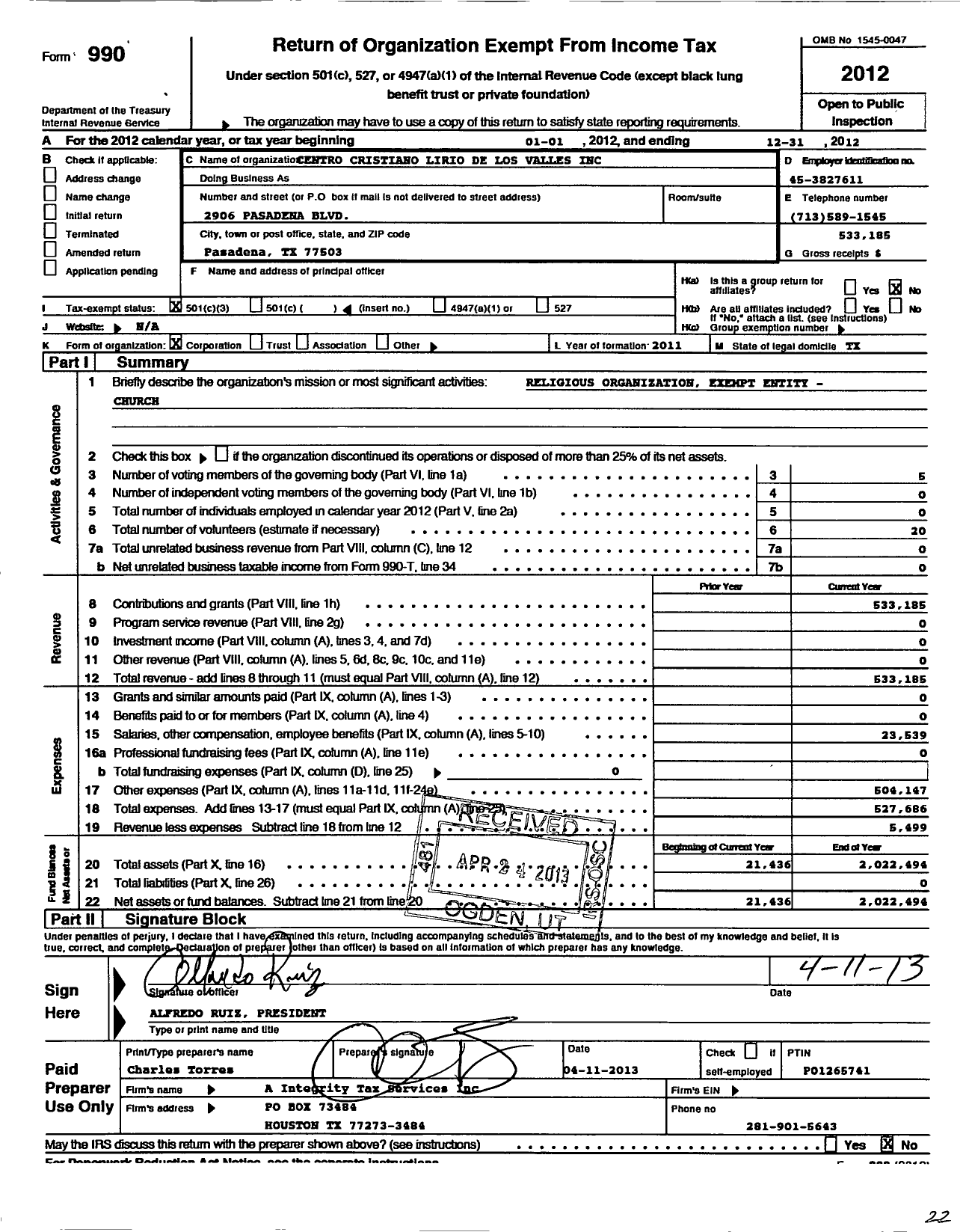 Image of first page of 2012 Form 990 for Centro Cristiano Lirio de Los Valles