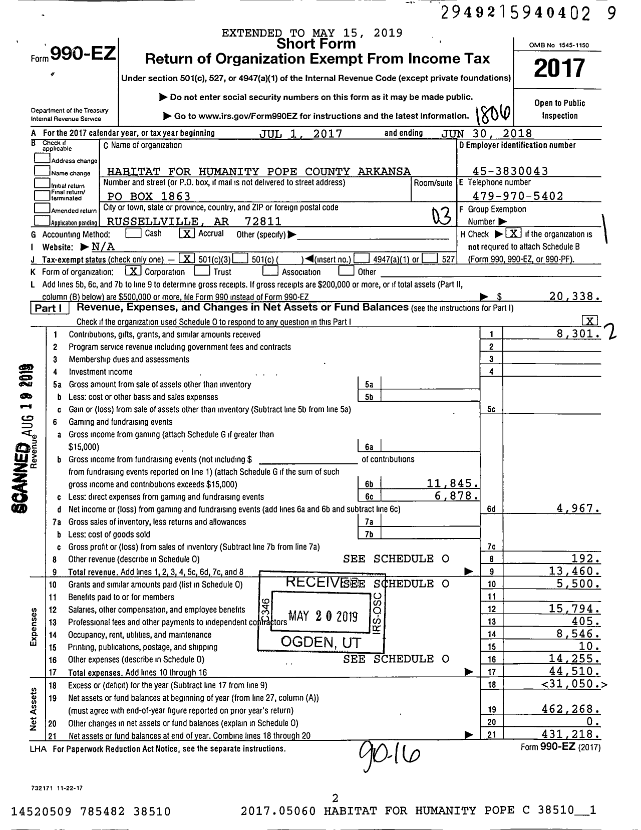 Image of first page of 2017 Form 990EZ for Habitat for Humanity - HFH of Pope County Arkansas