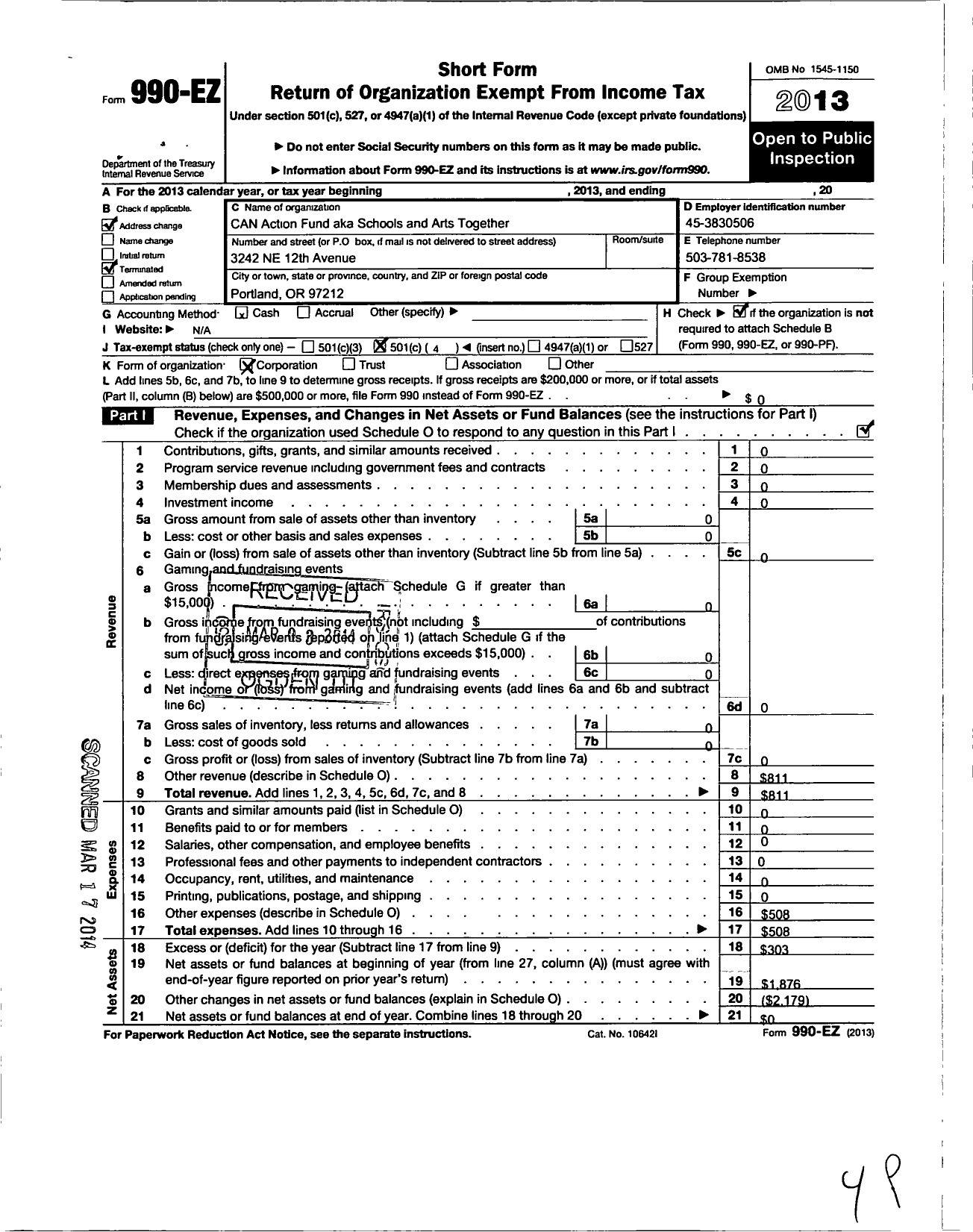 Image of first page of 2013 Form 990EO for Can Action Fund