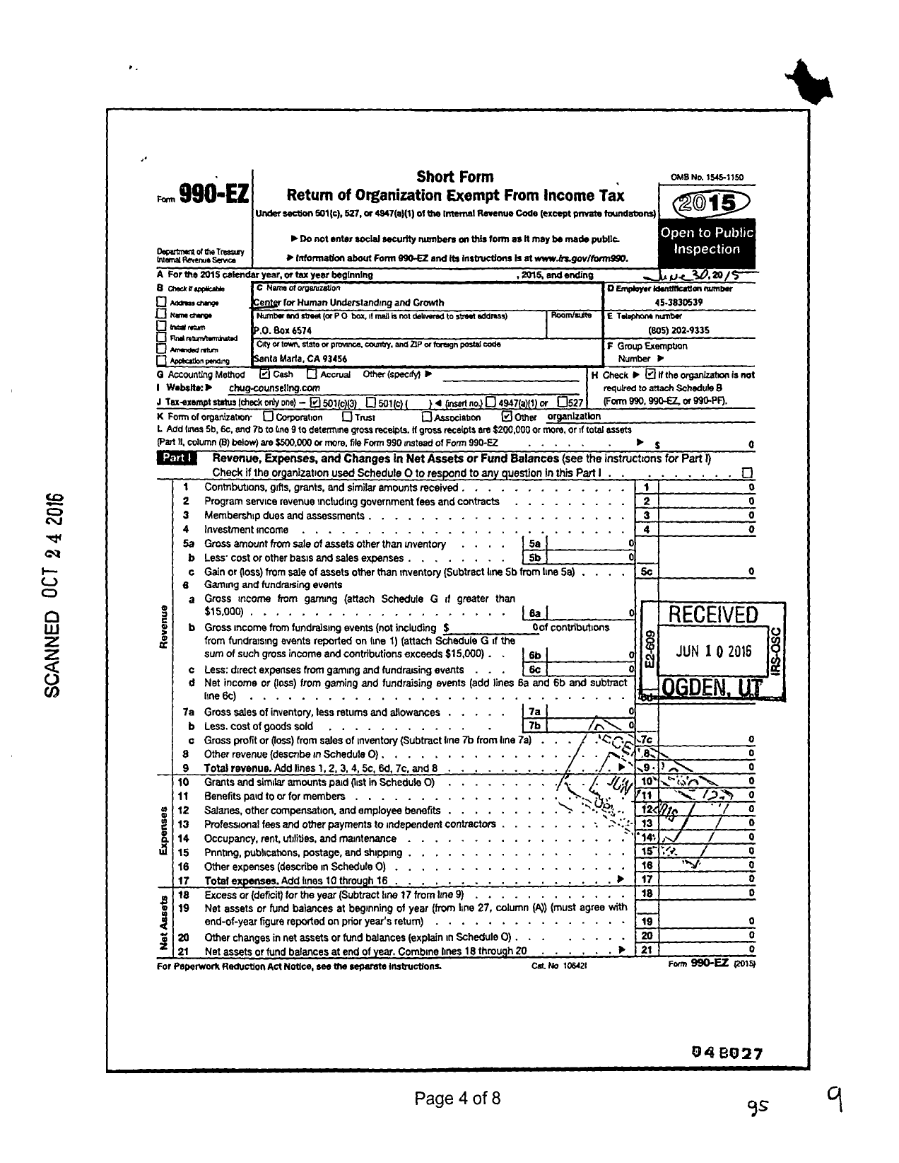 Image of first page of 2014 Form 990EZ for Center for Human Understanding and Growth