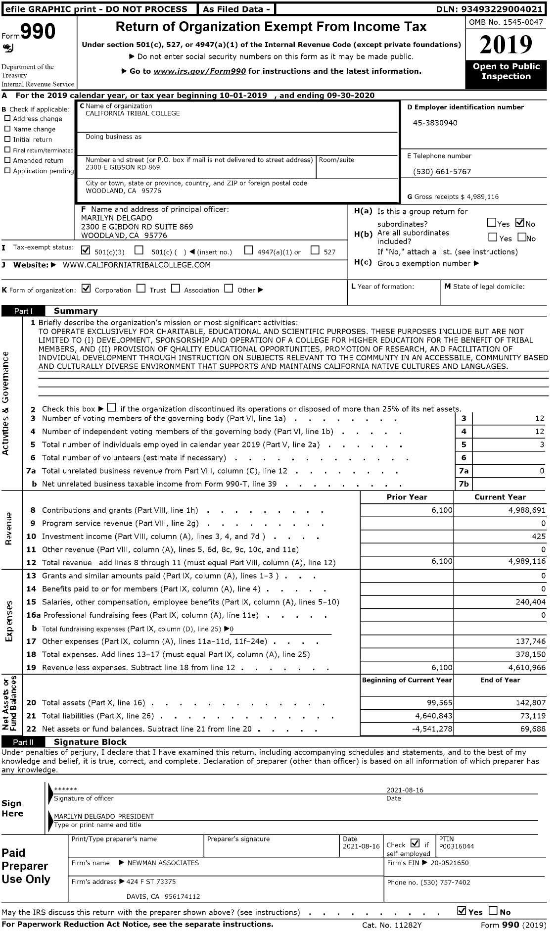 Image of first page of 2019 Form 990 for California Tribal College