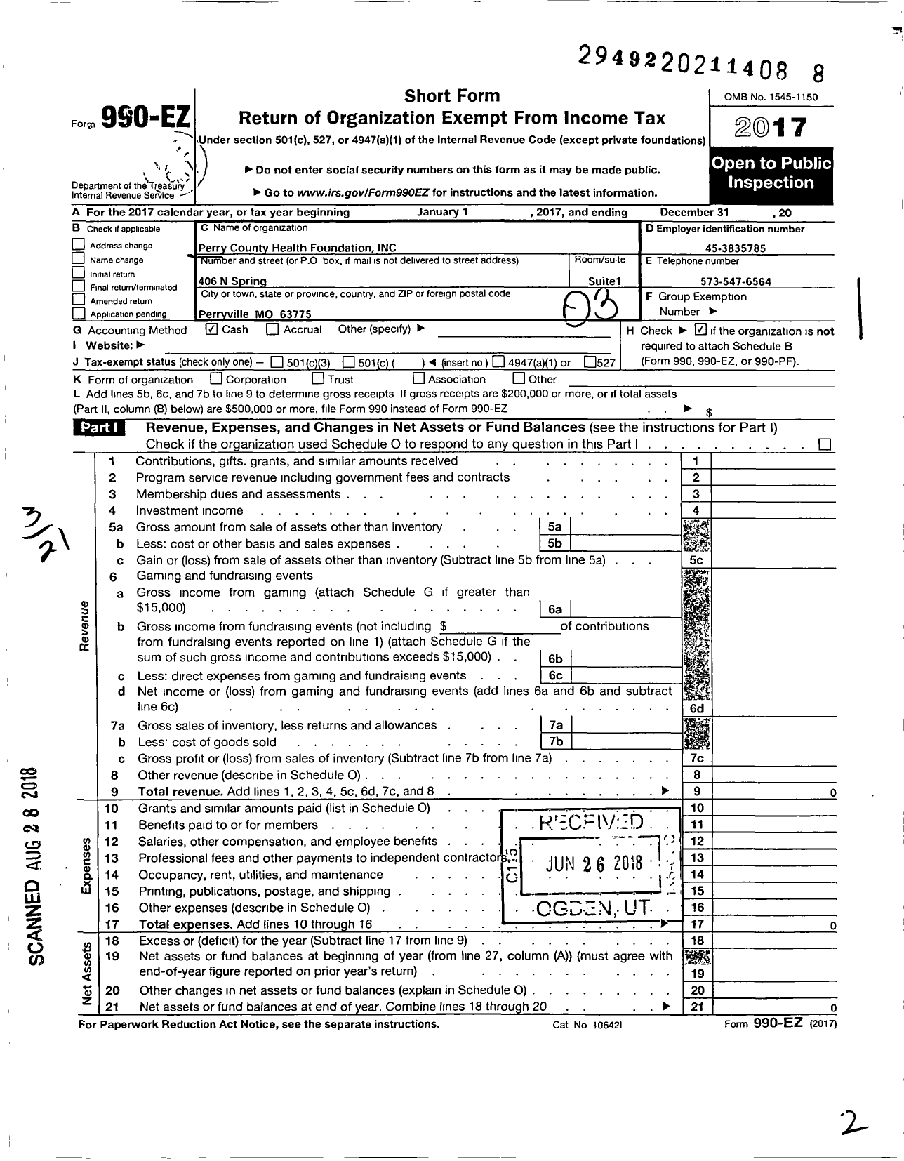 Image of first page of 2017 Form 990EZ for Perry County Health Foundation