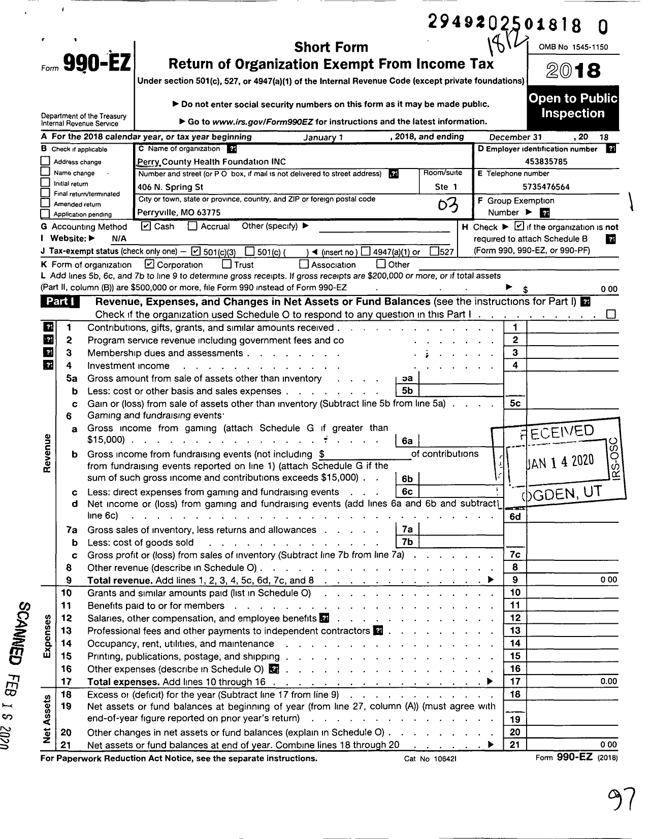 Image of first page of 2018 Form 990EZ for Perry County Health Foundation