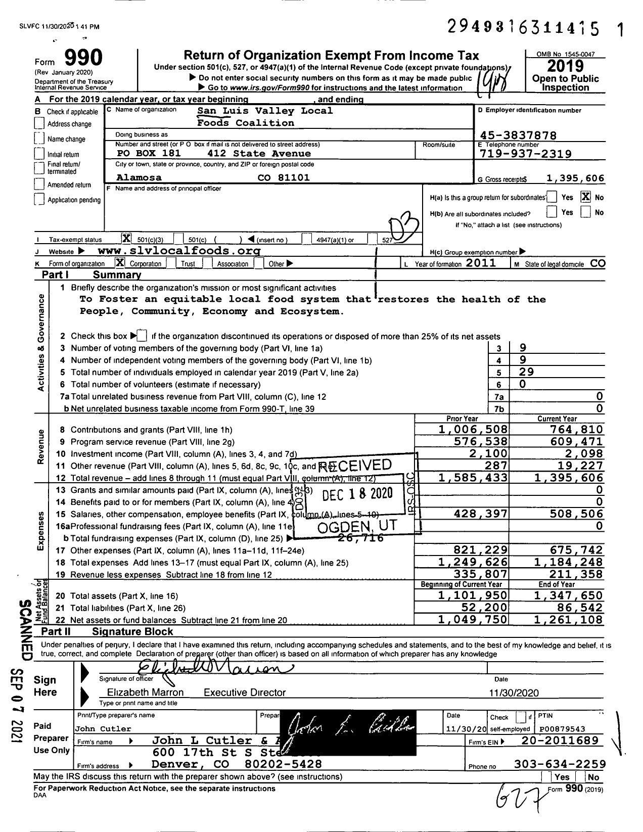 Image of first page of 2019 Form 990 for San Luis Valley Local Foods Coalition
